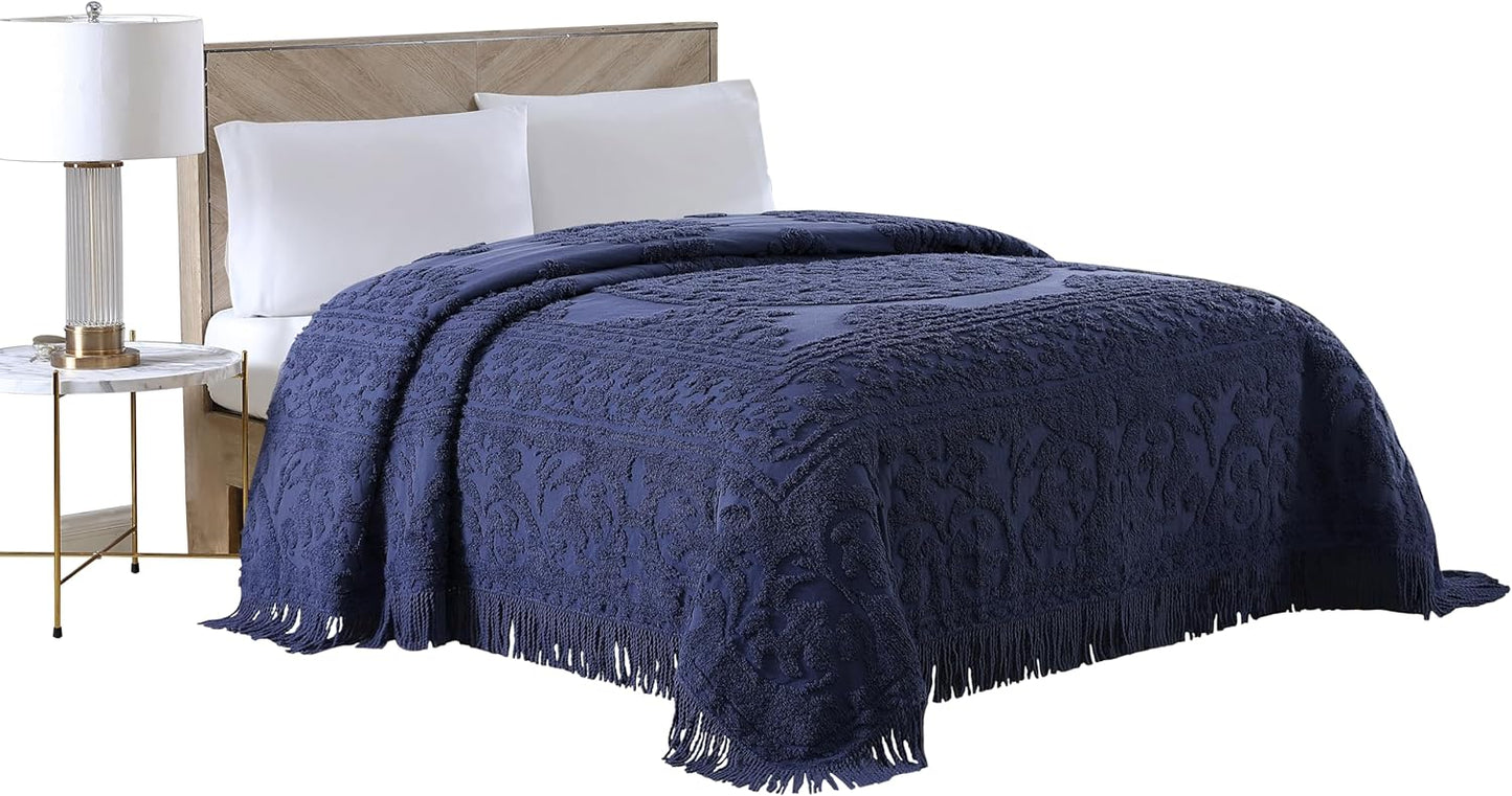 Medallion Chenille Bedspread for Queen Bed in Navy Color