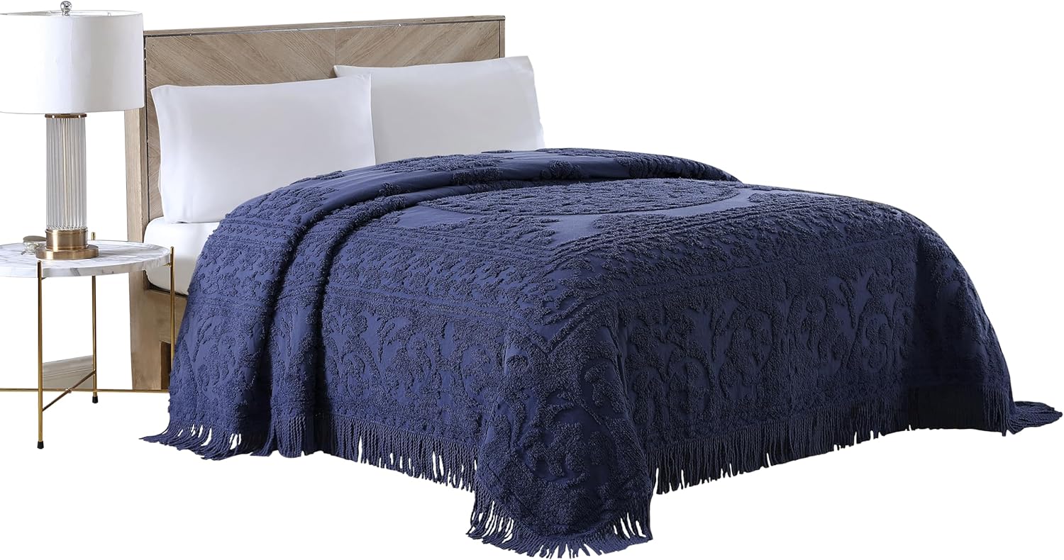 Medallion Chenille Bedspread for Queen Bed in Navy Color