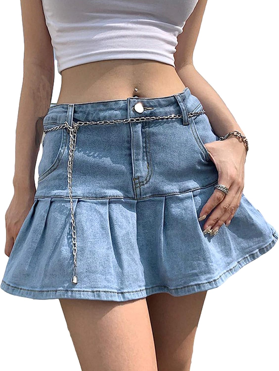 Yeokou Women's Casual Slim A-line Pleated Ruffle Denim Skirt
