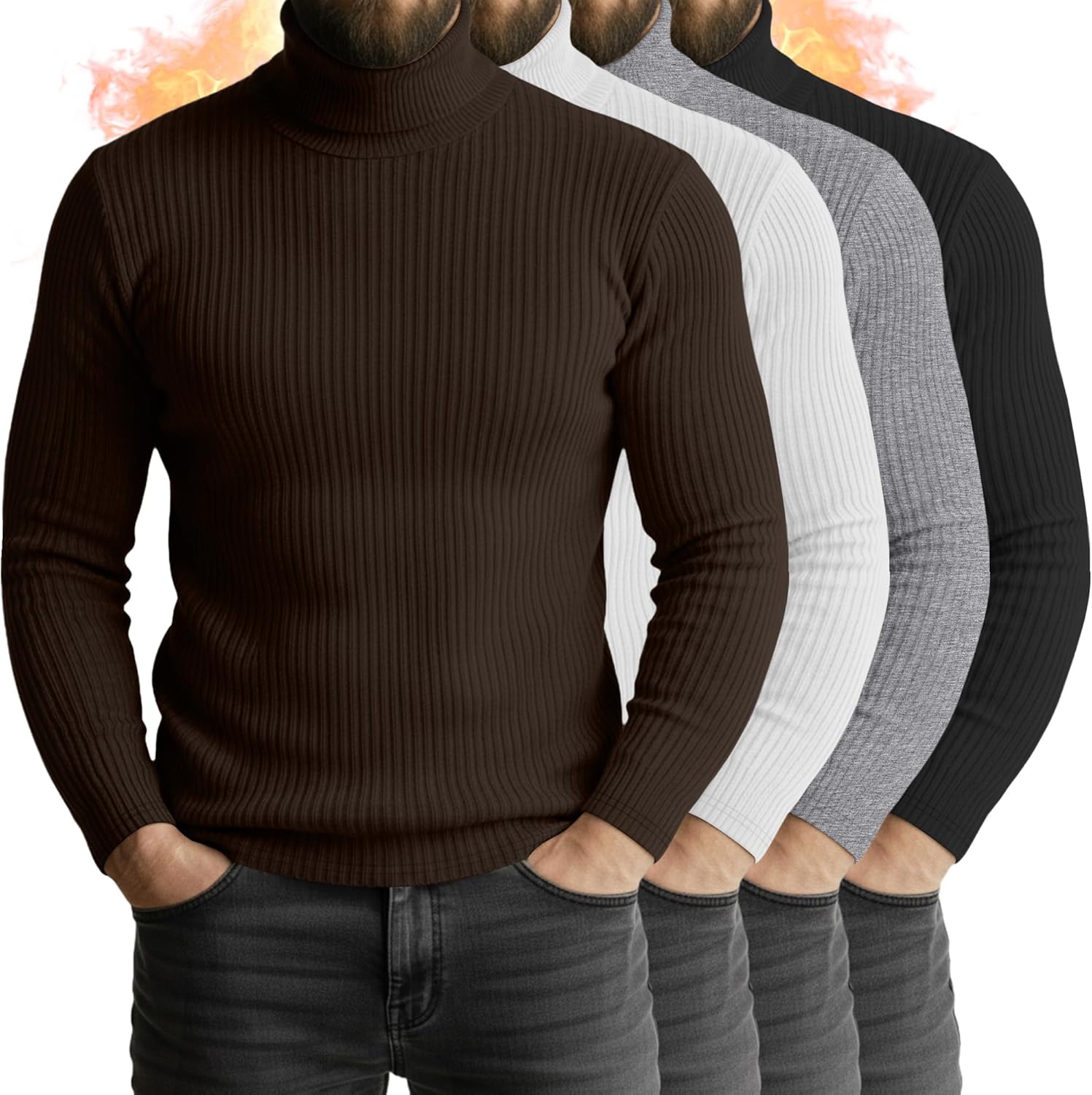 4 Pack Men's Turtleneck Long Sleeve Shirts for Casual Wear