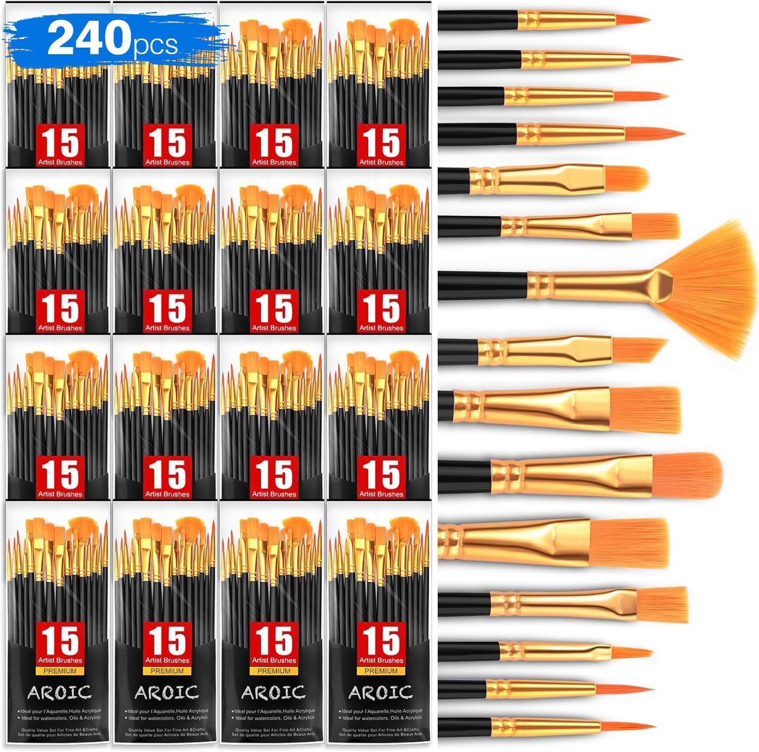 AROIC Acrylic Paint Brush Set for All Purposes - 16 Pack