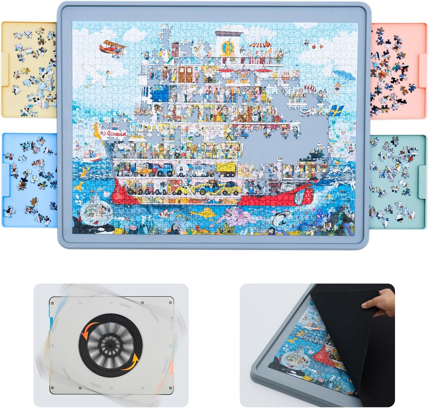 WELGEE 1500 Piece Rotating Puzzle Board with Drawers & Cover