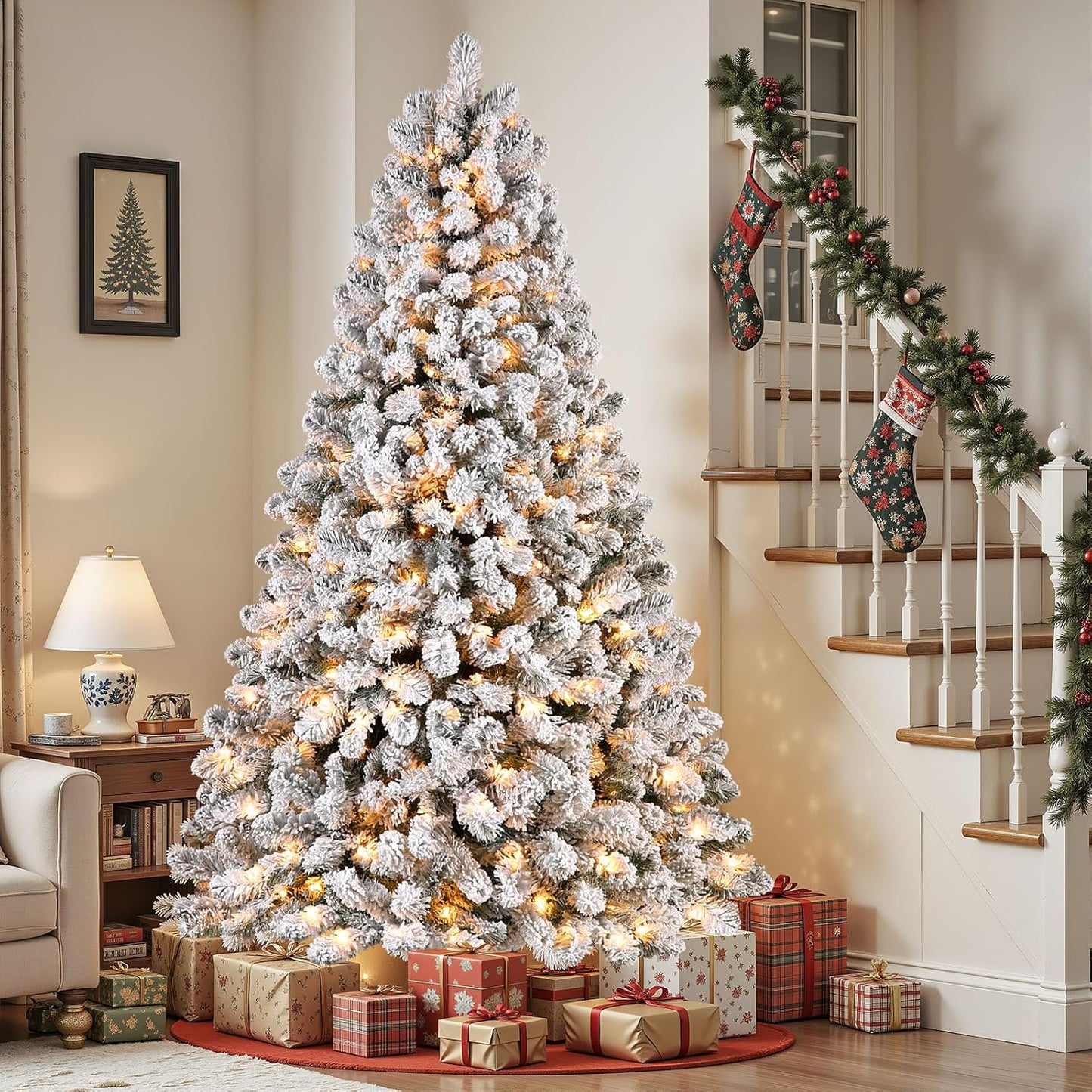 9ft Prelit Snow Flocked Spruce Christmas Tree with Warm Lights