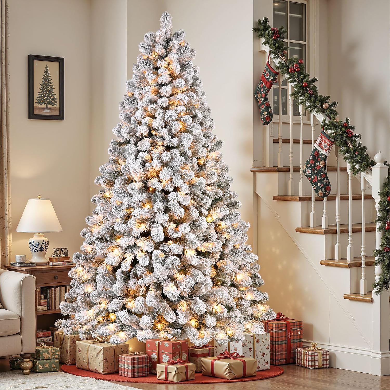 9ft Prelit Snow Flocked Spruce Christmas Tree with Warm Lights