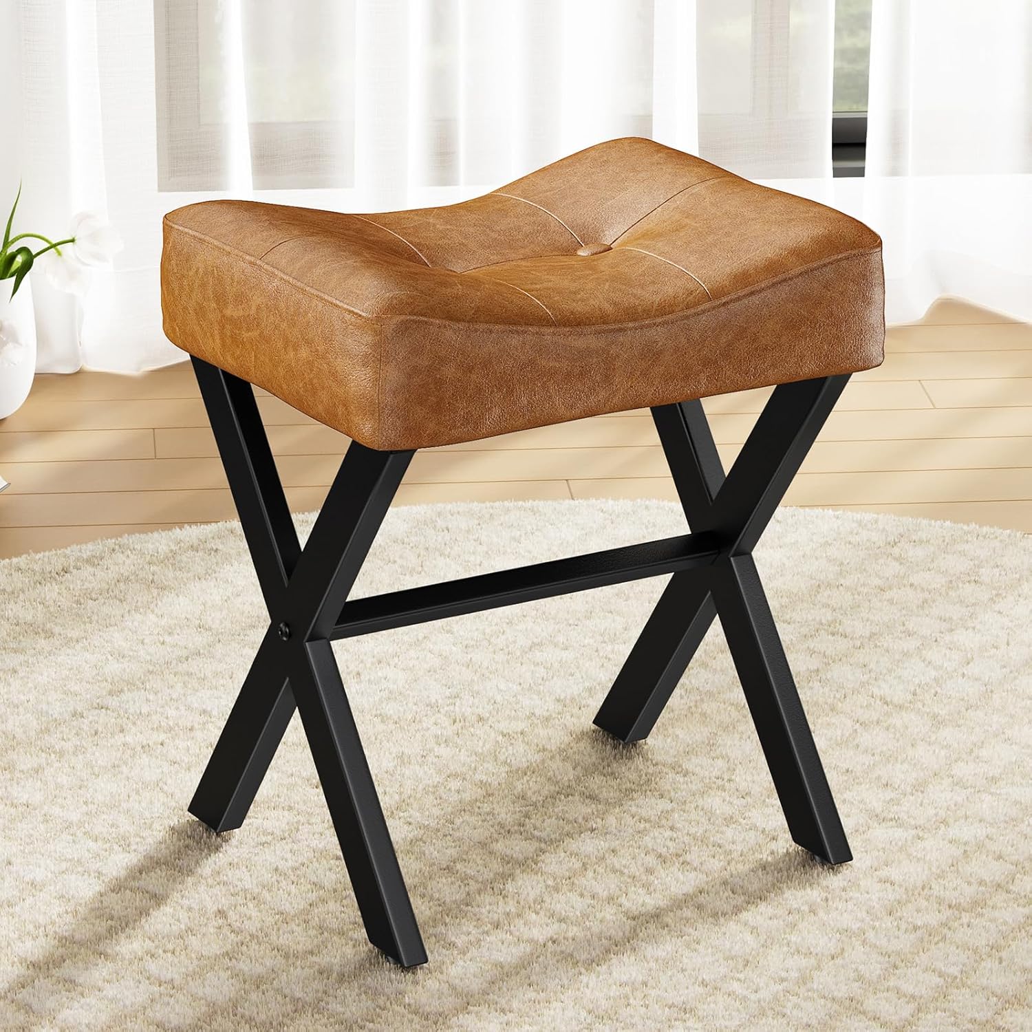 18-Inch Leather Vanity Stool Chair with Metal X-Leg Design