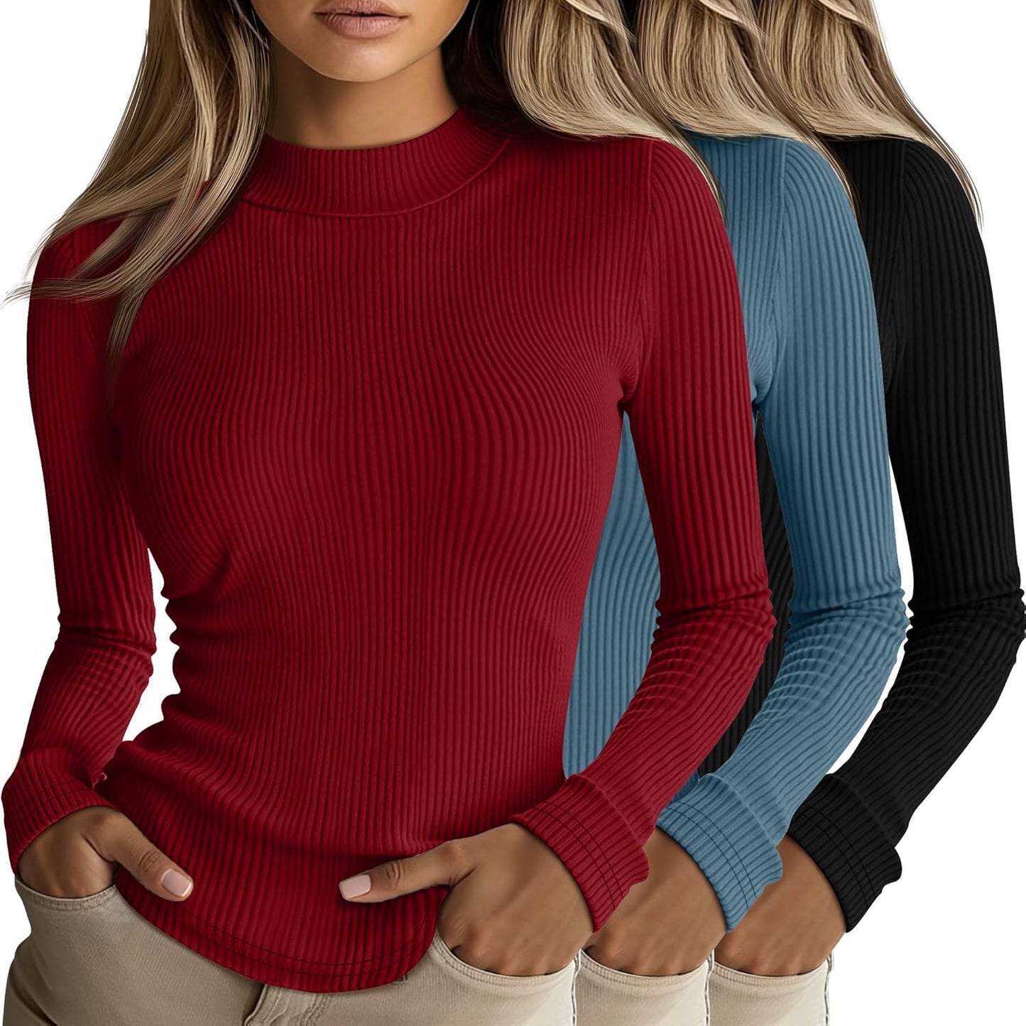 Riyiper 3 Pack Women's Mock Turtleneck Long Sleeve Tops