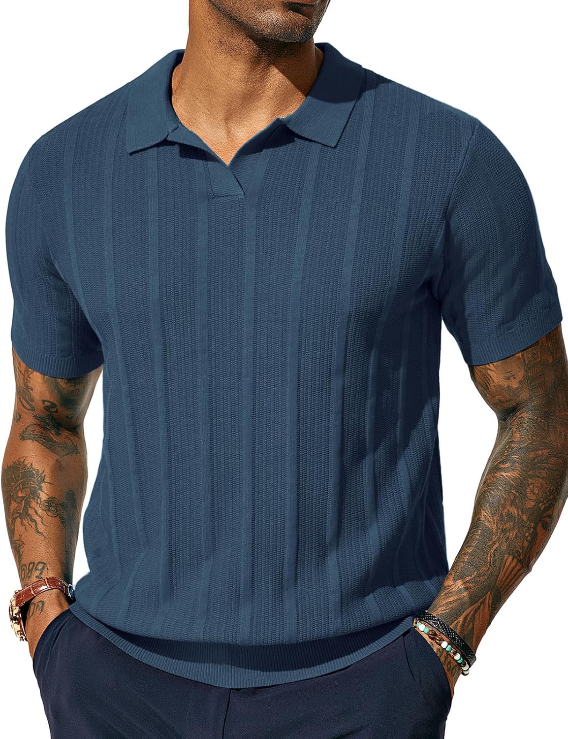 PJ PAUL JONES Mens Polo Shirts Regular Fit Textured V-Neck Style