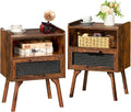 Rattan Nightstands Set of 2 Brown - Boho Bedside Tables with Drawer