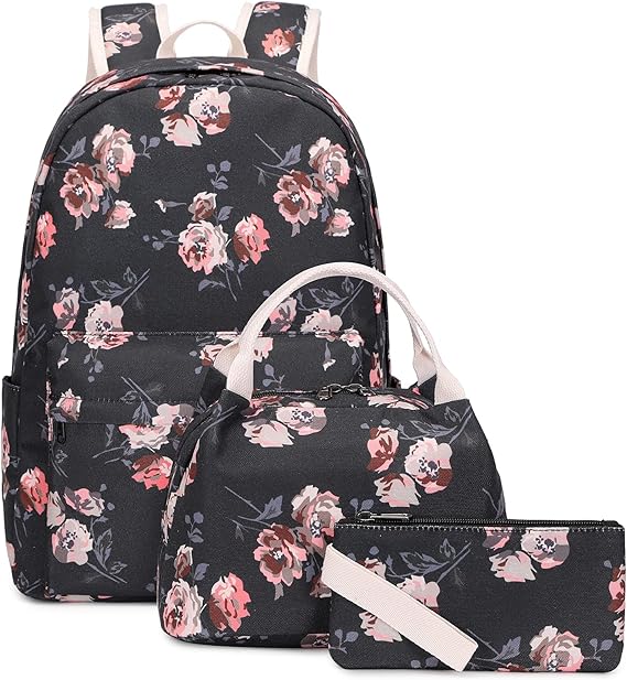 Floral Canvas Backpack Set for Girls with Lunch Bag & Pencil Case