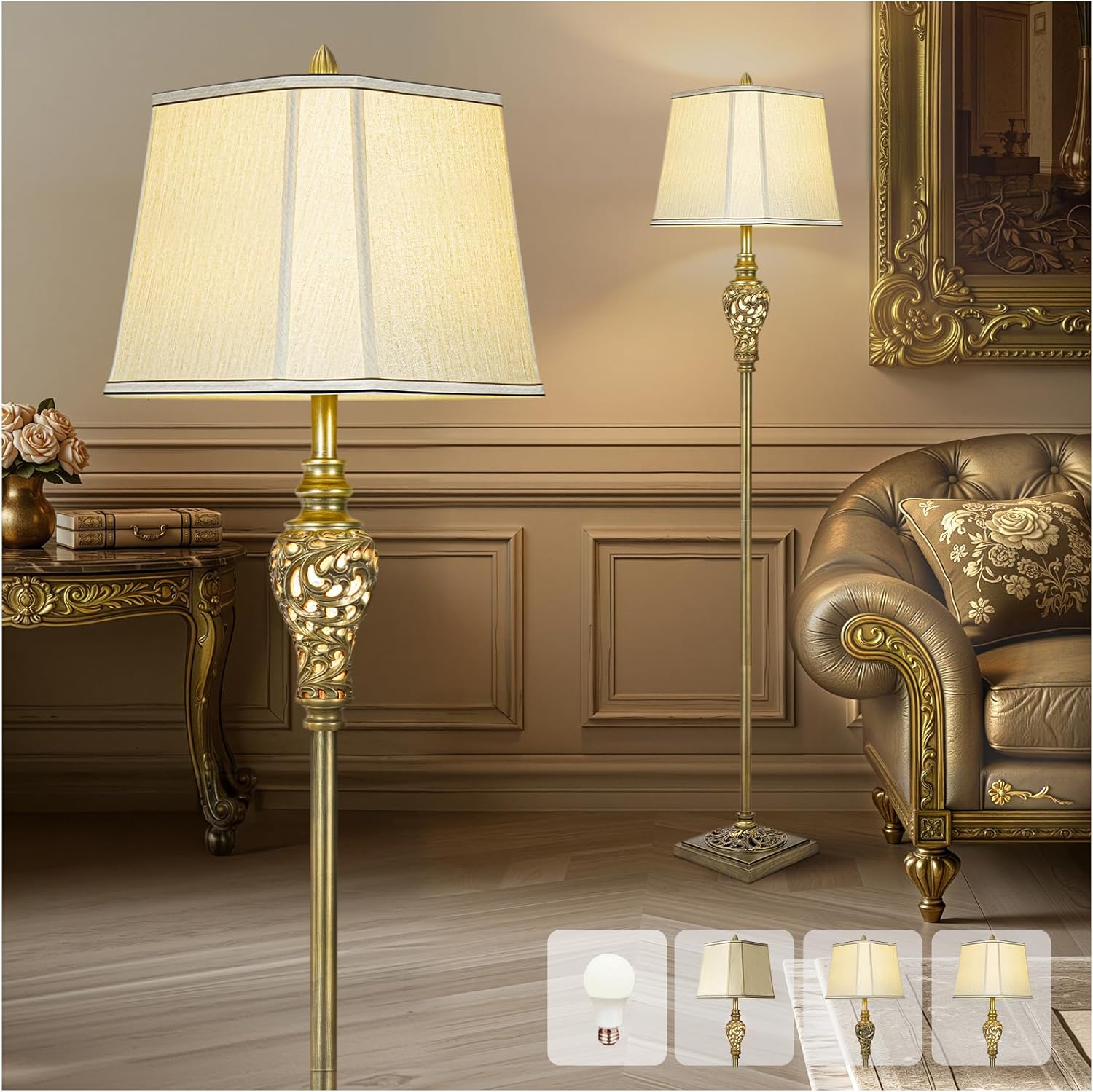 Vintage Floor Lamp for Living Room with Nightlight and Shade