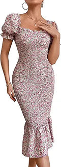 PRETTYGARDEN Floral Midi Bodycon Dress - Summer Puff Sleeve