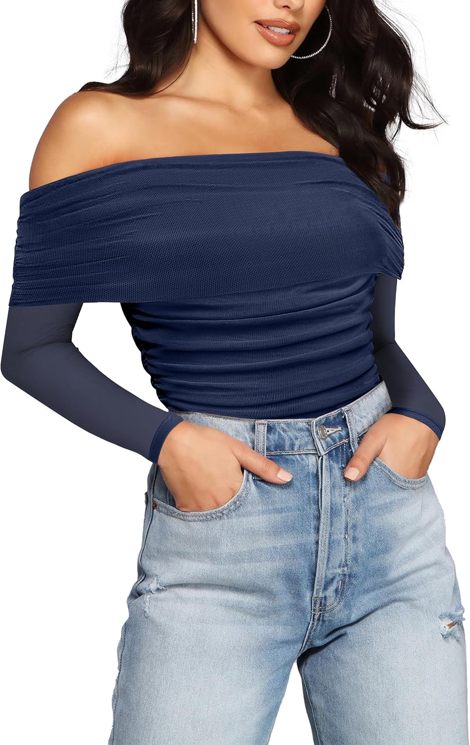 SAUNGKUAI Women's Off The Shoulder Long Sleeve Bodysuit for Fall