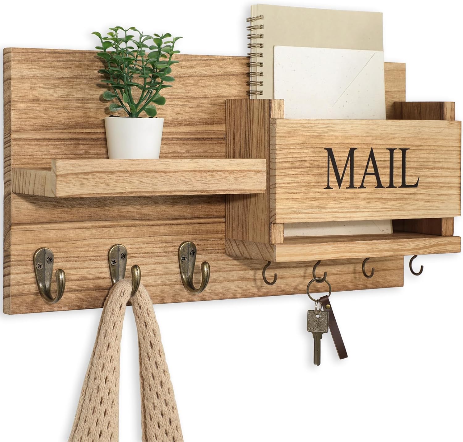 Mail Organizer for Wall Mount with Shelf and Hooks for Entryway