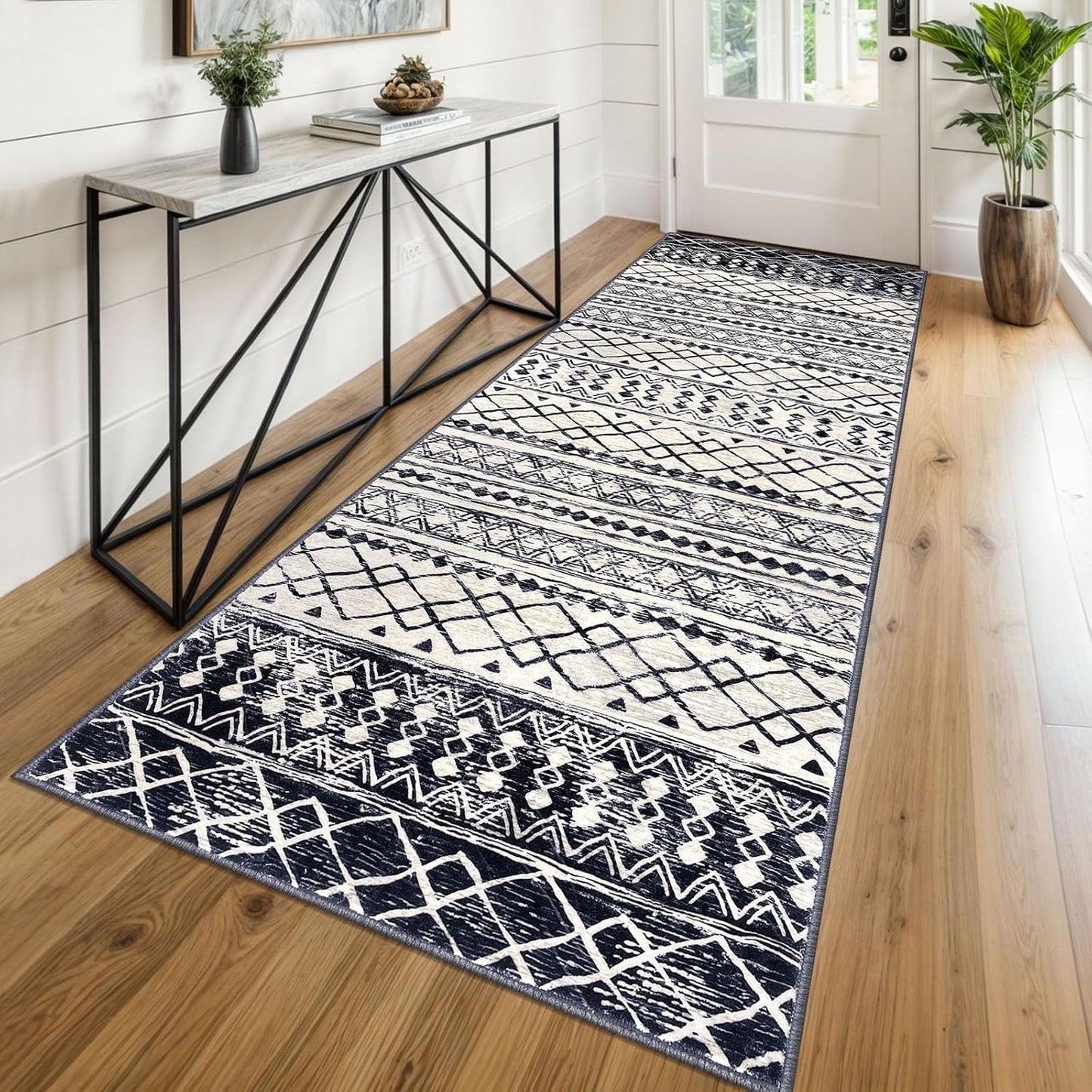 KUTA Moroccan Kitchen Rugs 3x8 Non-Slip Vintage Black Navy Blue