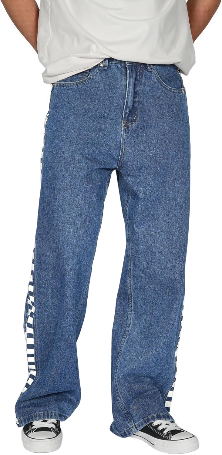 Plaid&Plain Men's Hip Hop Baggy Jeans for Casual Streetwear
