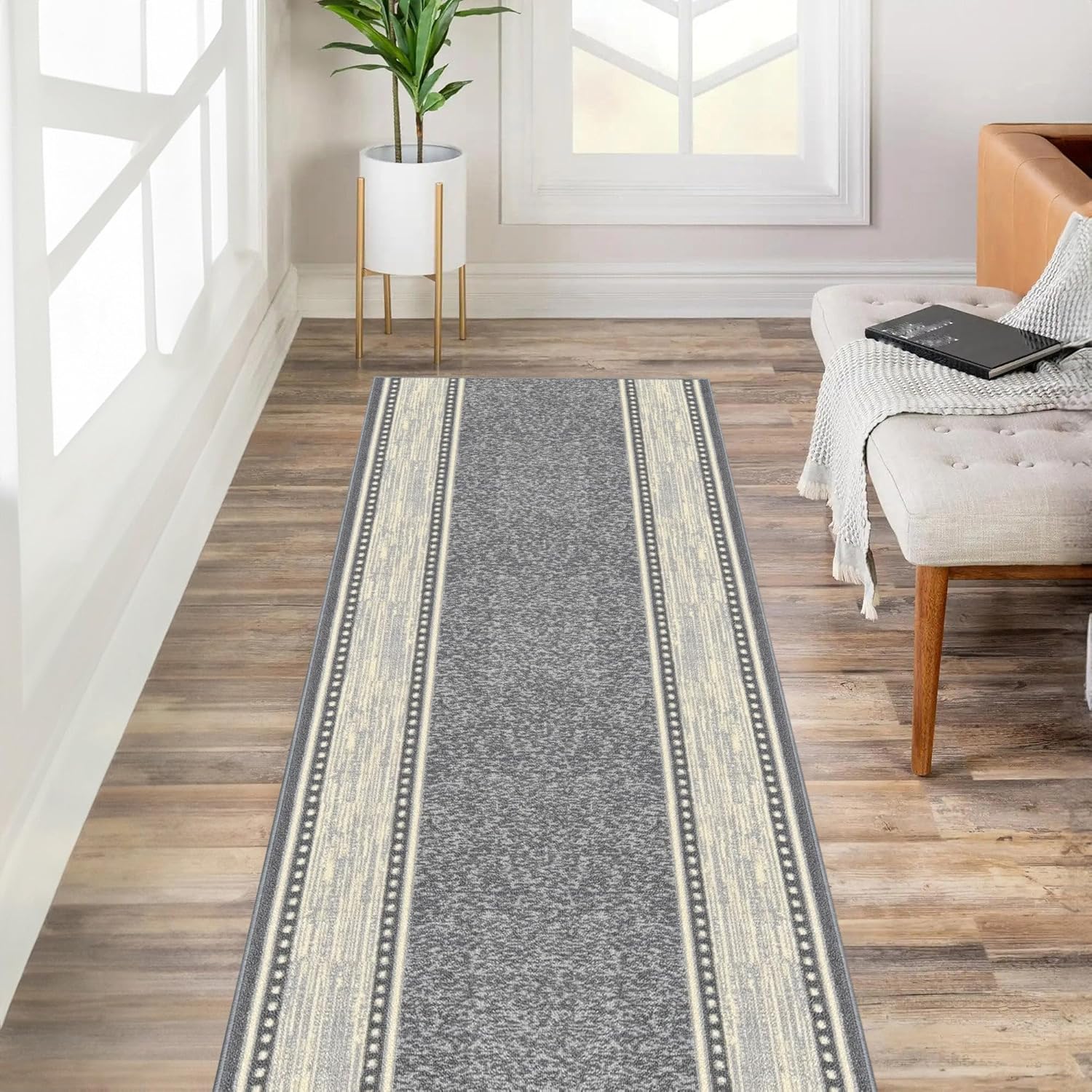Kapaqua Custom Size Grey Ivory Bordered Non-Slip Rug Carpet