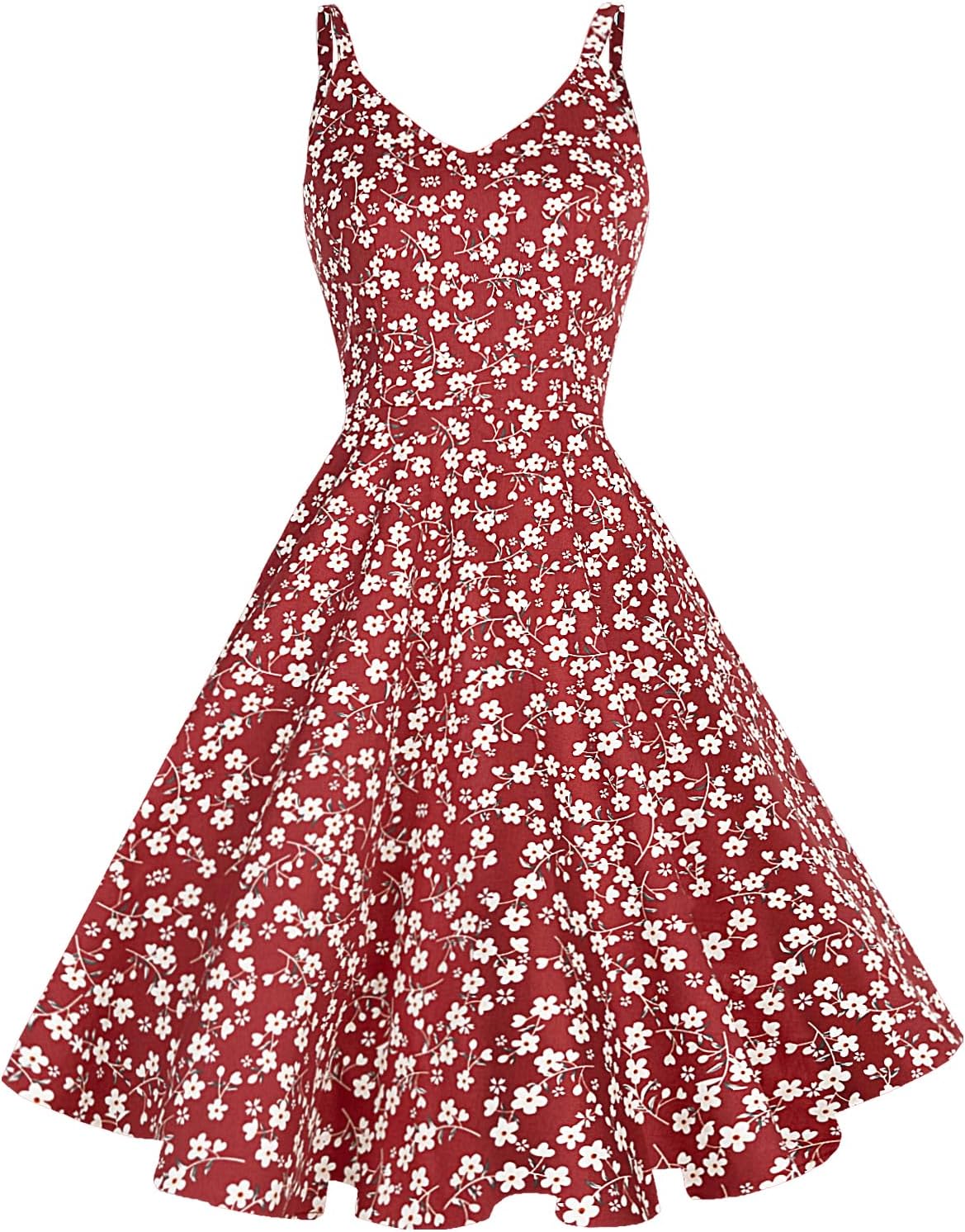 GOOBGS Women's 1950s Retro Vintage Spaghetti Strap Dress