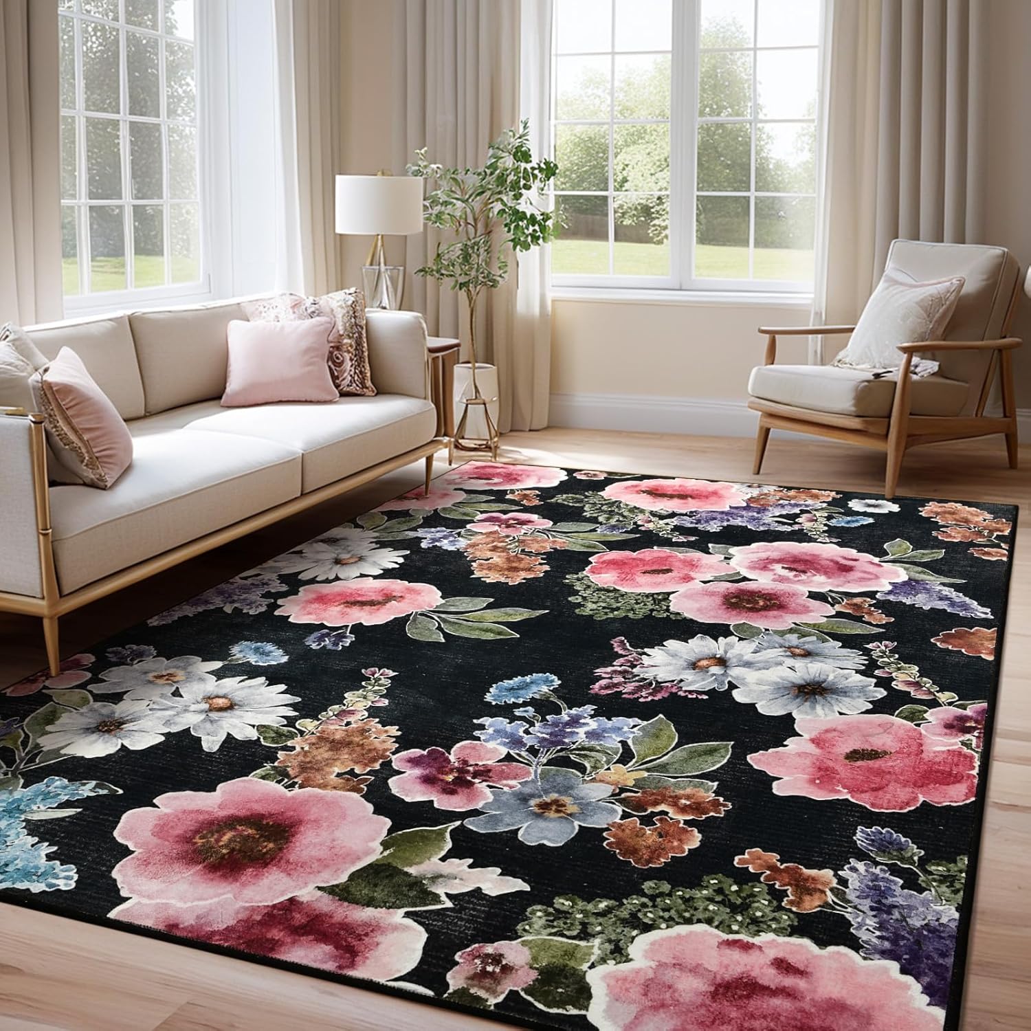 Comeet Soft Washable Floral Rug - Stain Resistant & Ultra-Thin
