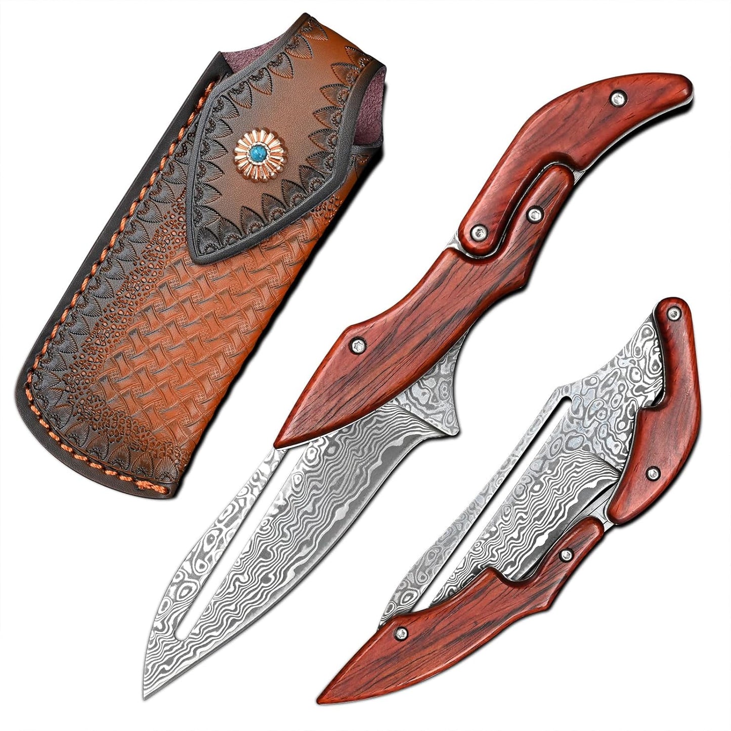 Damascus Steel Folding Knife with Yellow Sandalwood Handle