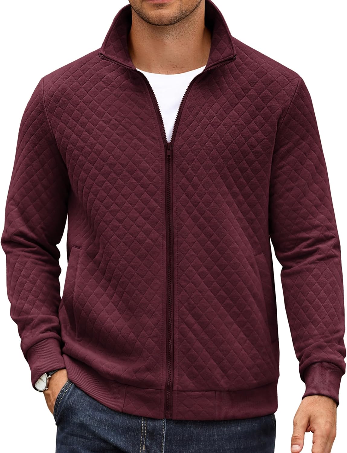 COOFANDY Mens Zip Up Sweatshirt Mock Neck Quilted Jacket Review