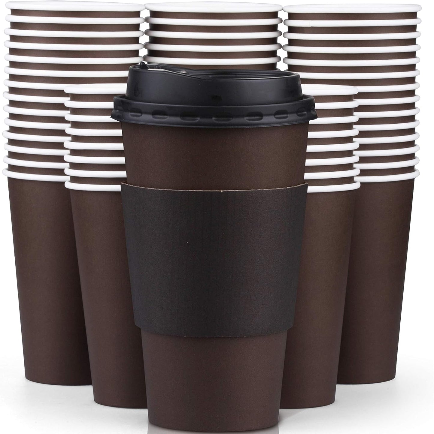 Promora 16 oz Coffee Cups with Lids, Sleeves - 100 Pack