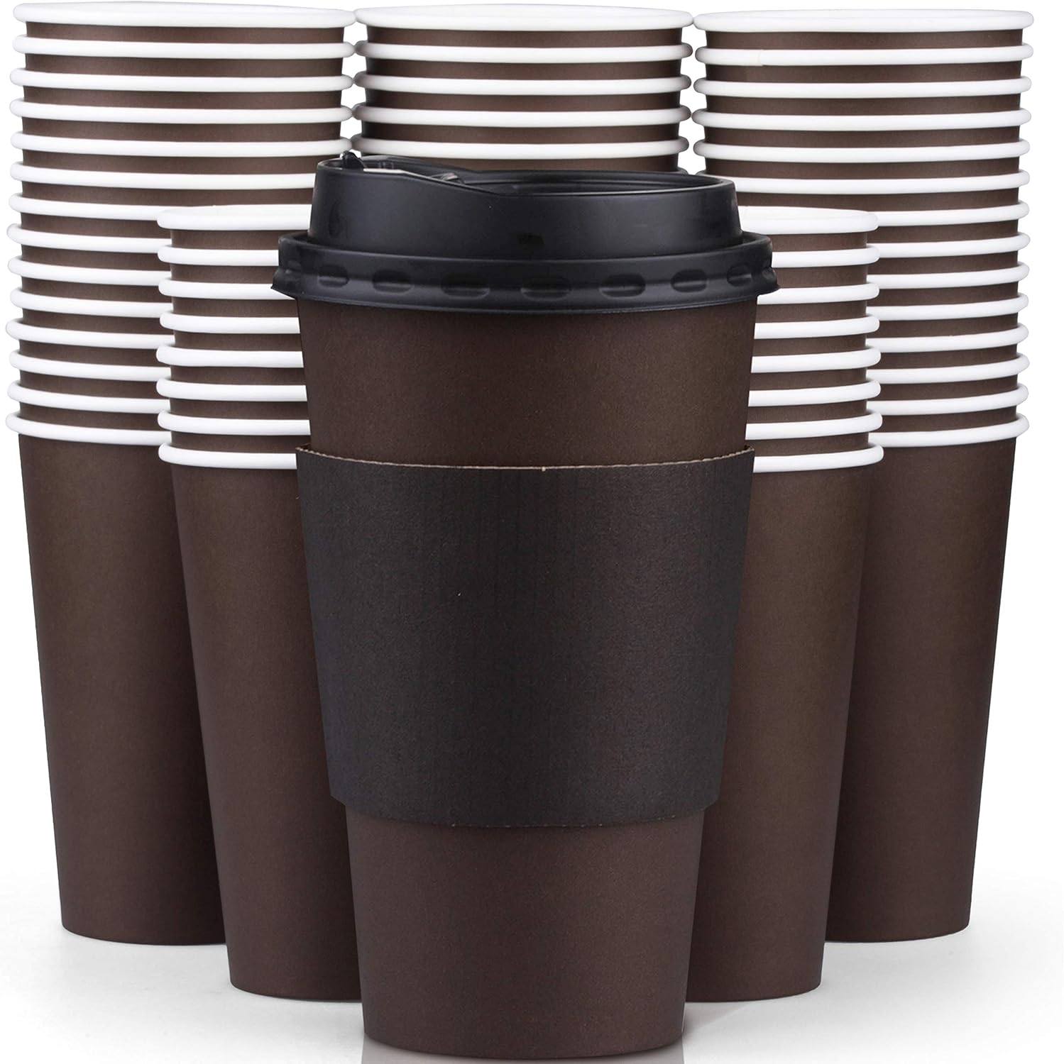 Promora 16 oz Coffee Cups with Lids, Sleeves - 100 Pack