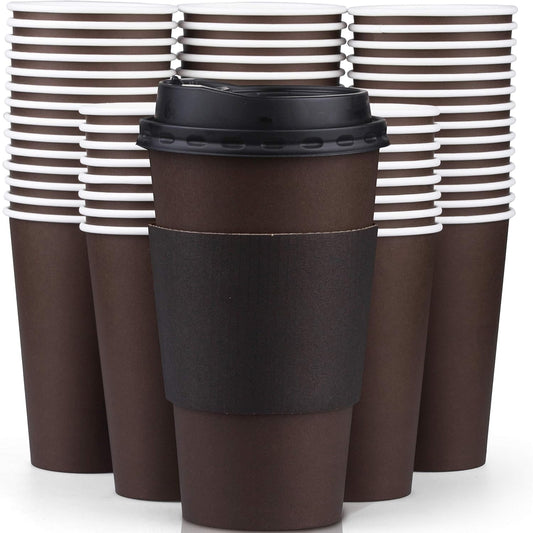 Promora 16 oz Coffee Cups with Lids, Sleeves - 100 Pack