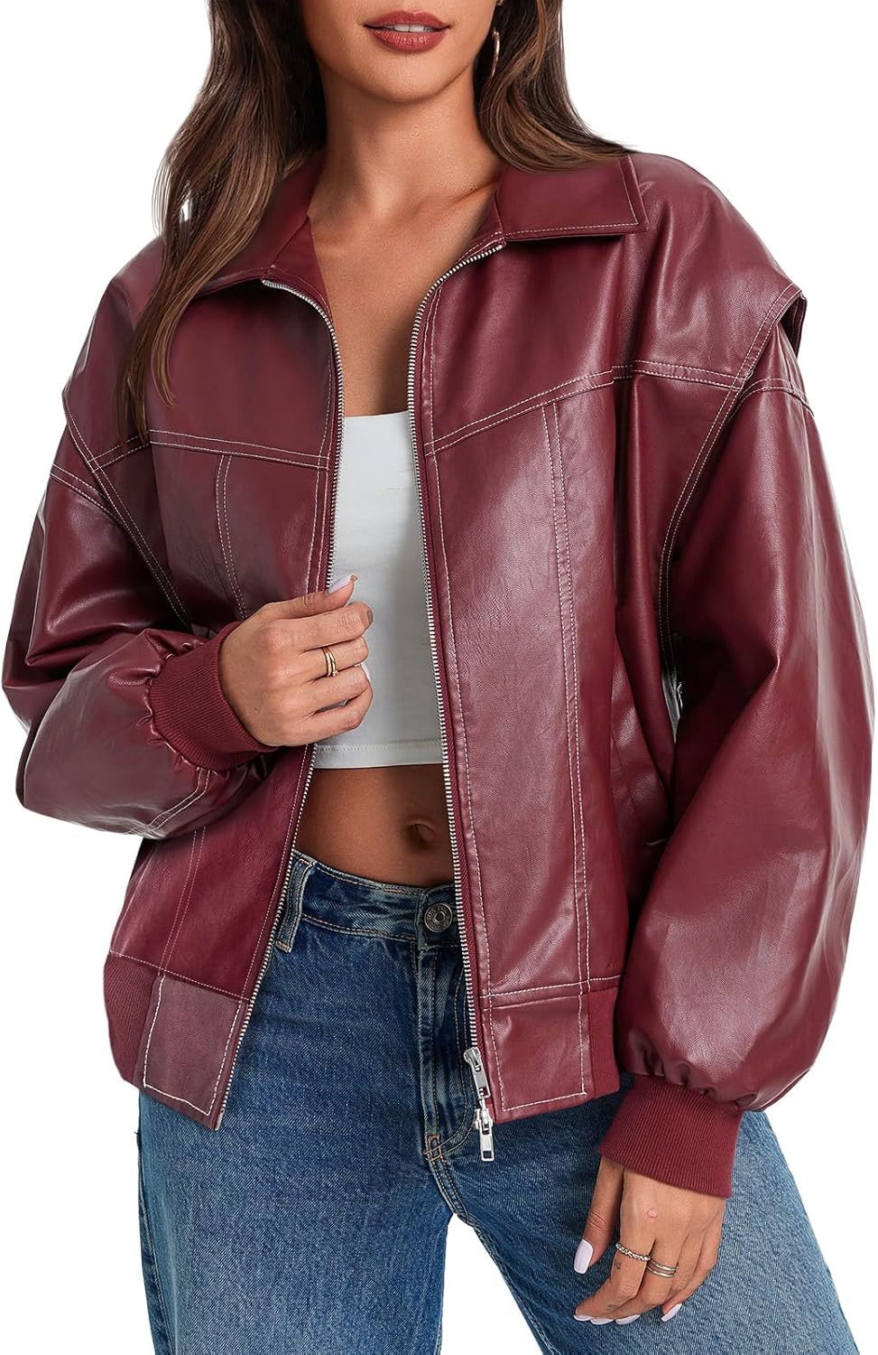 Tankaneo Womens Oversized Leather Bomber Jacket for Stylish Looks