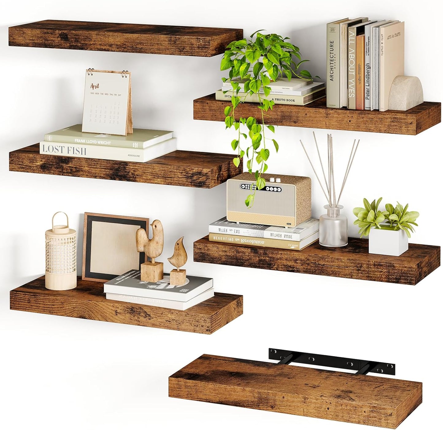 Floating Shelves Set of 6 for Rustic Home Decor and Storage