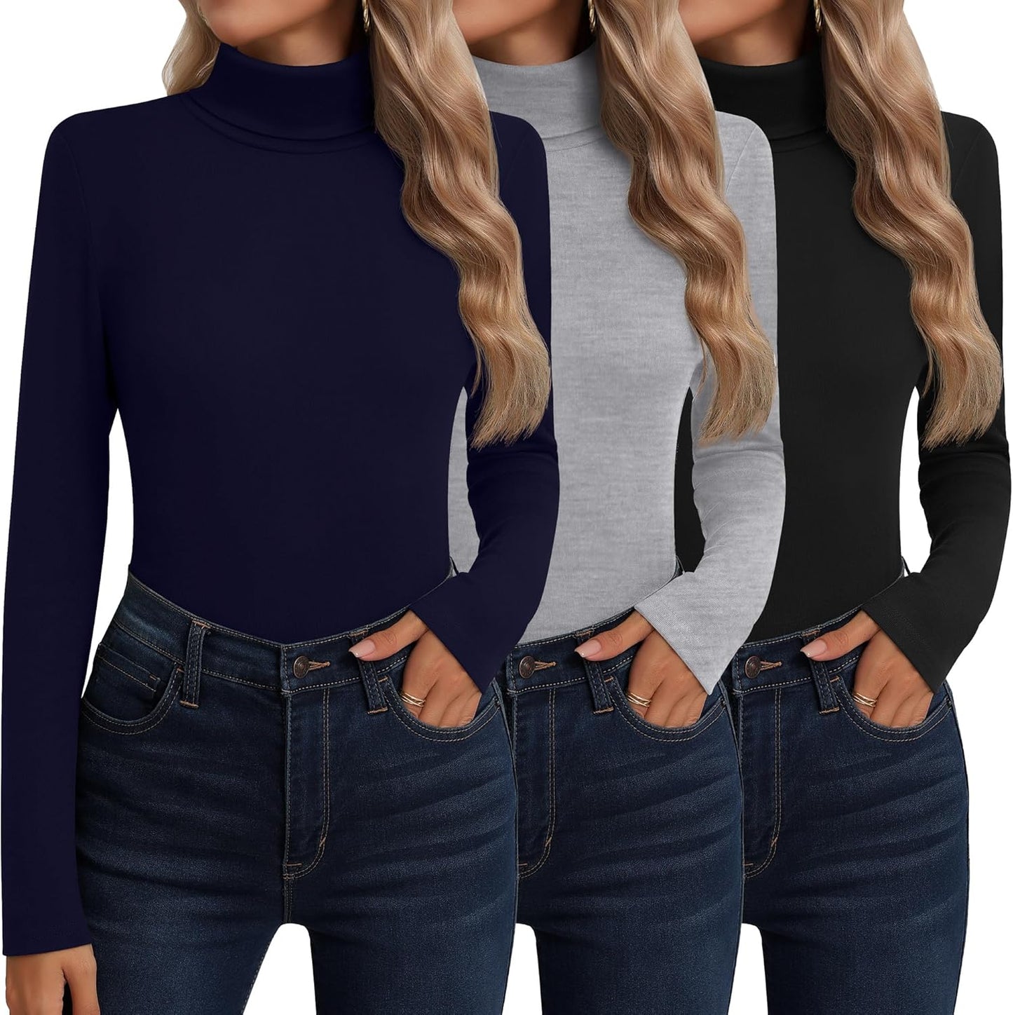 Neer 3 Pack Cotton Women's Turtleneck Long Sleeve Tops
