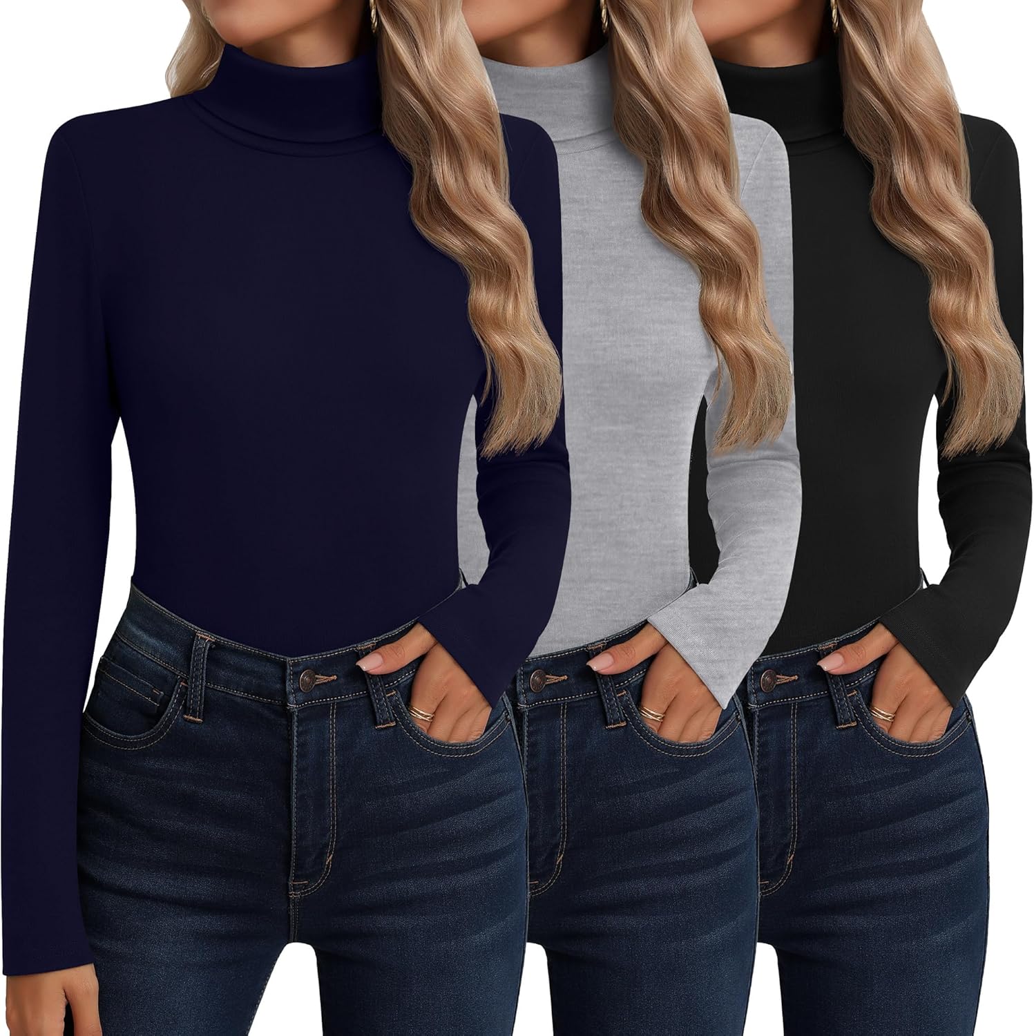 Neer 3 Pack Cotton Women's Turtleneck Long Sleeve Tops
