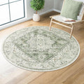 LIVEBOX Sage Green Round Rug 4ft - Vintage Low-Pile Medallion