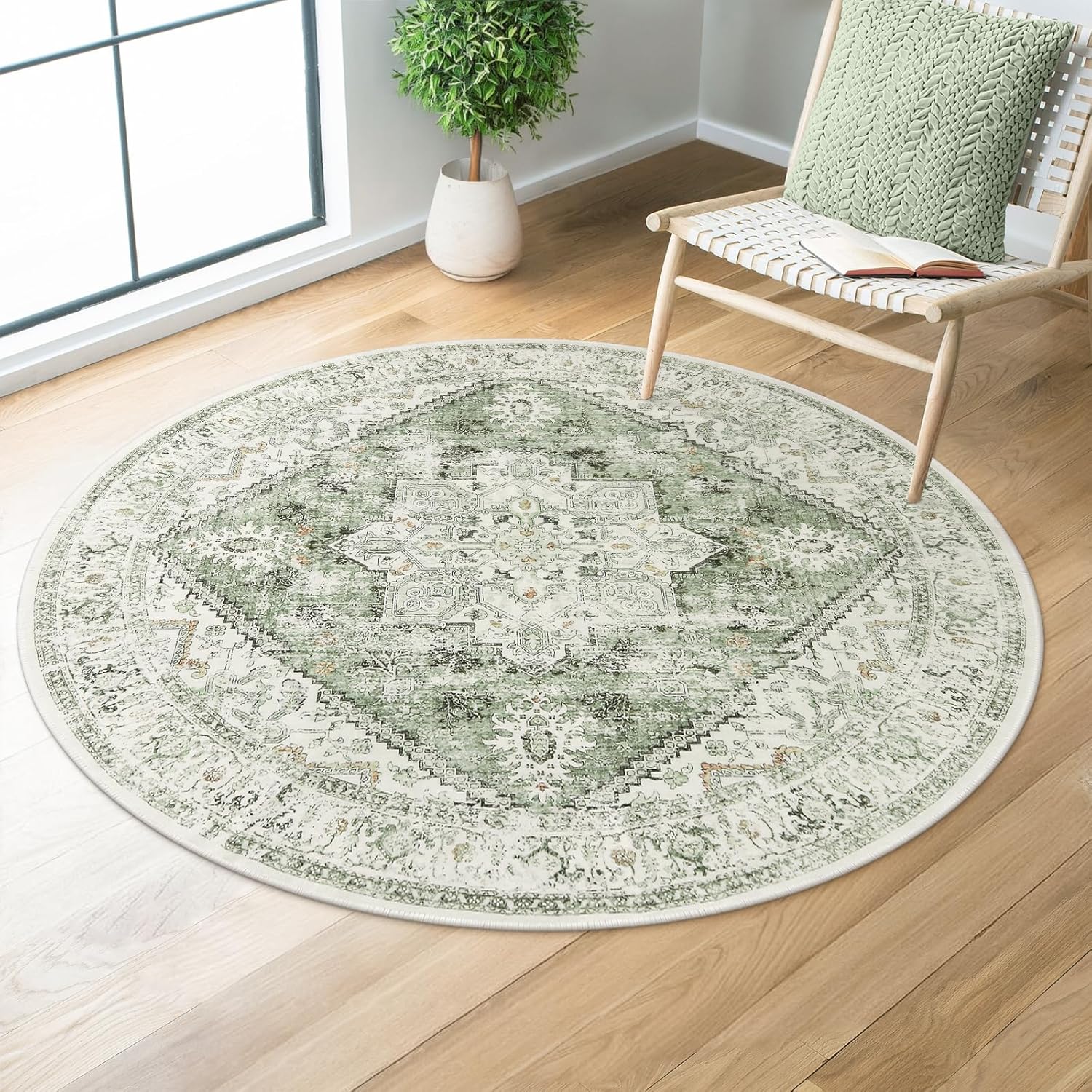 LIVEBOX Sage Green Round Rug 4ft for Vintage Entryway Decor