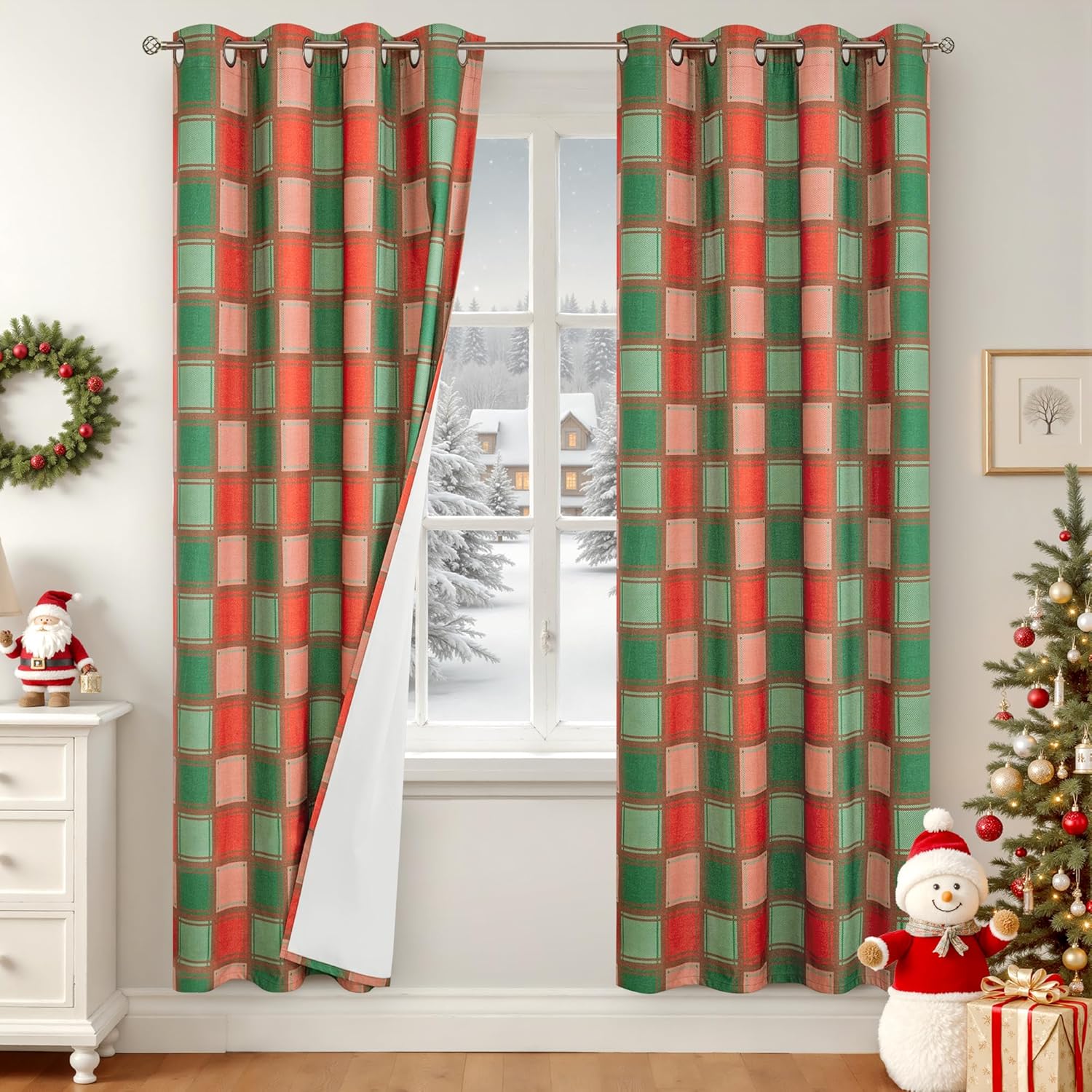 Stylish Christmas Curtains for Living Room - Plaid Linen Drapes