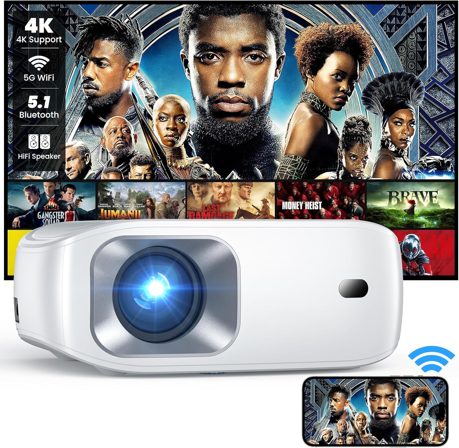 4K Support Projector with Wifi and Bluetooth for Outdoor Movies