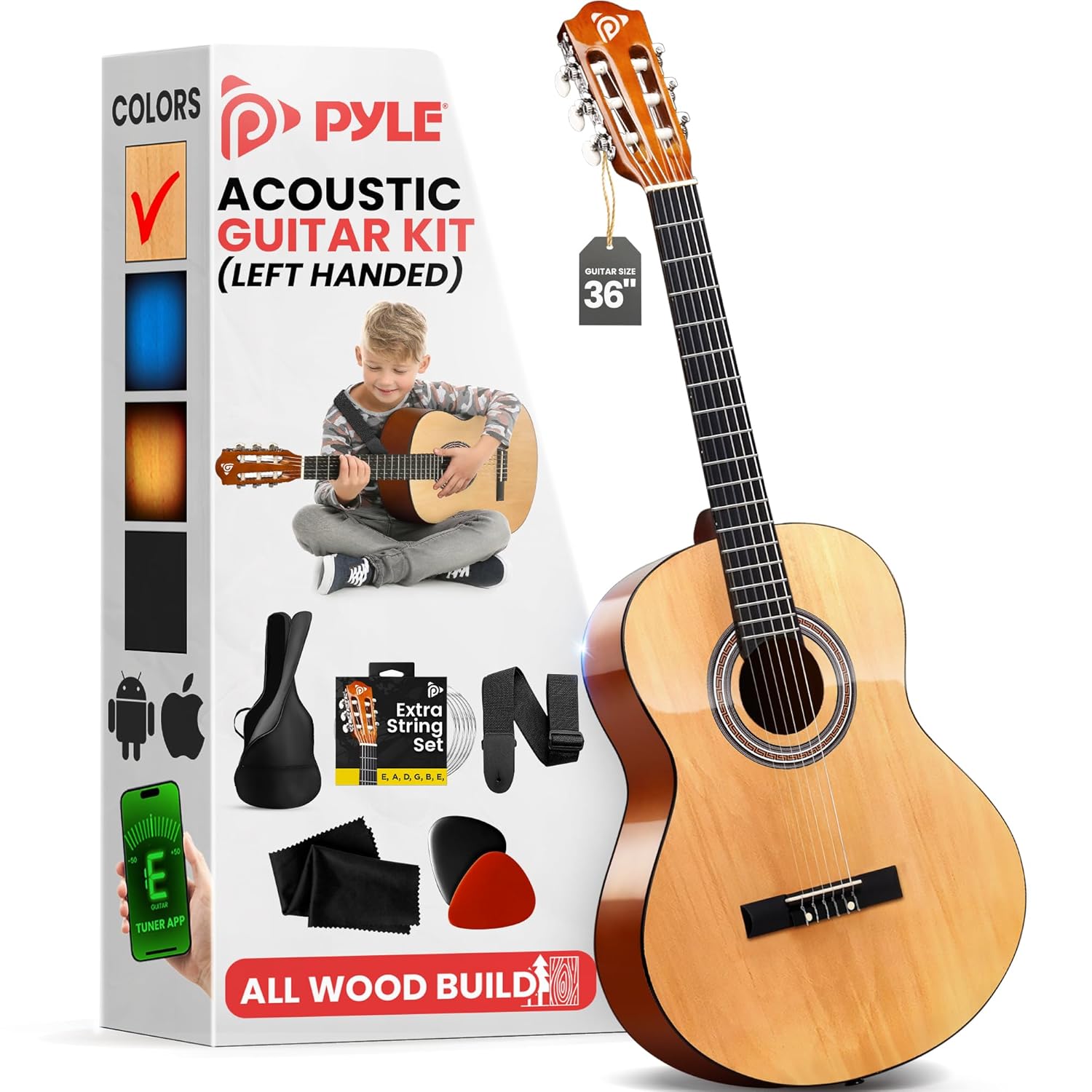 Pyle 6 String Acoustic Guitar for Left Handed Players, 36 in