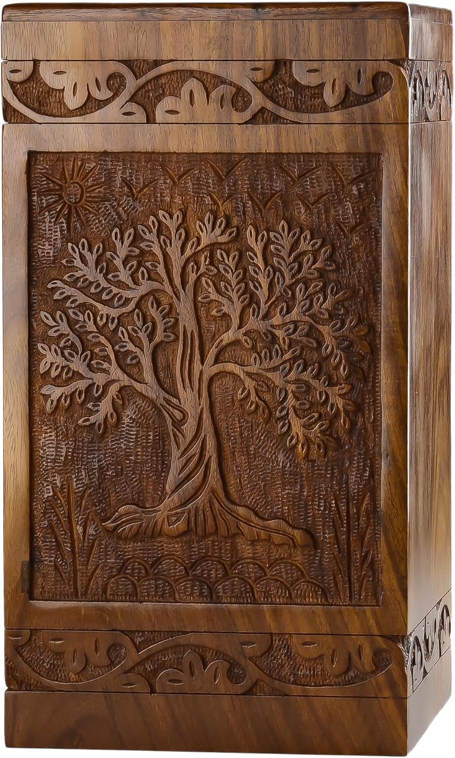 INTAJ Handcarved Wooden Cremation Urn - Tree of Life Design