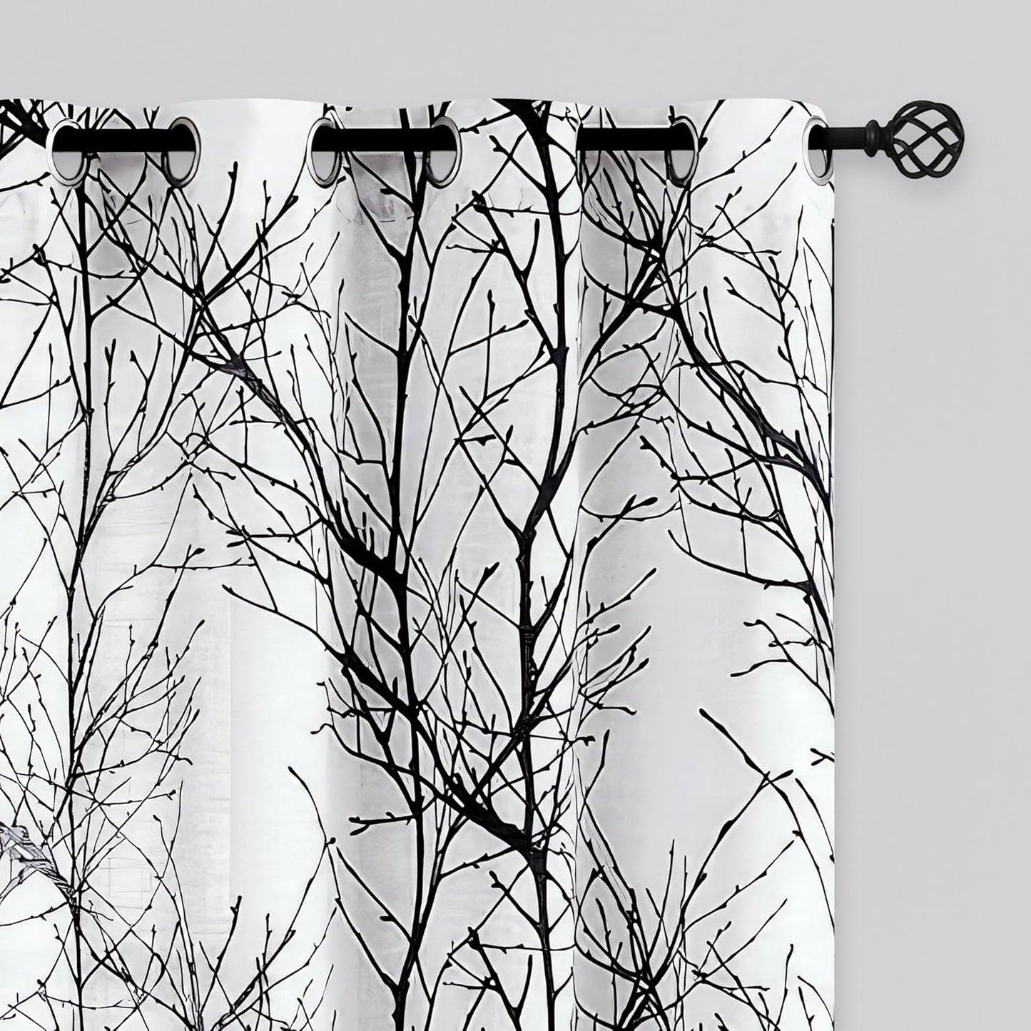 FMFUNCTEX Linen Semi Sheer Curtains with Grey Tree Branch Design