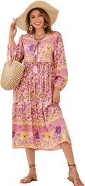 R.Vivimos Womens Long Sleeve Floral Bohemian Midi Dress - Flowy V-Neck
