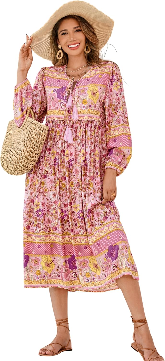 R.Vivimos Women's Long Sleeve Floral Print Bohemian Midi Dress