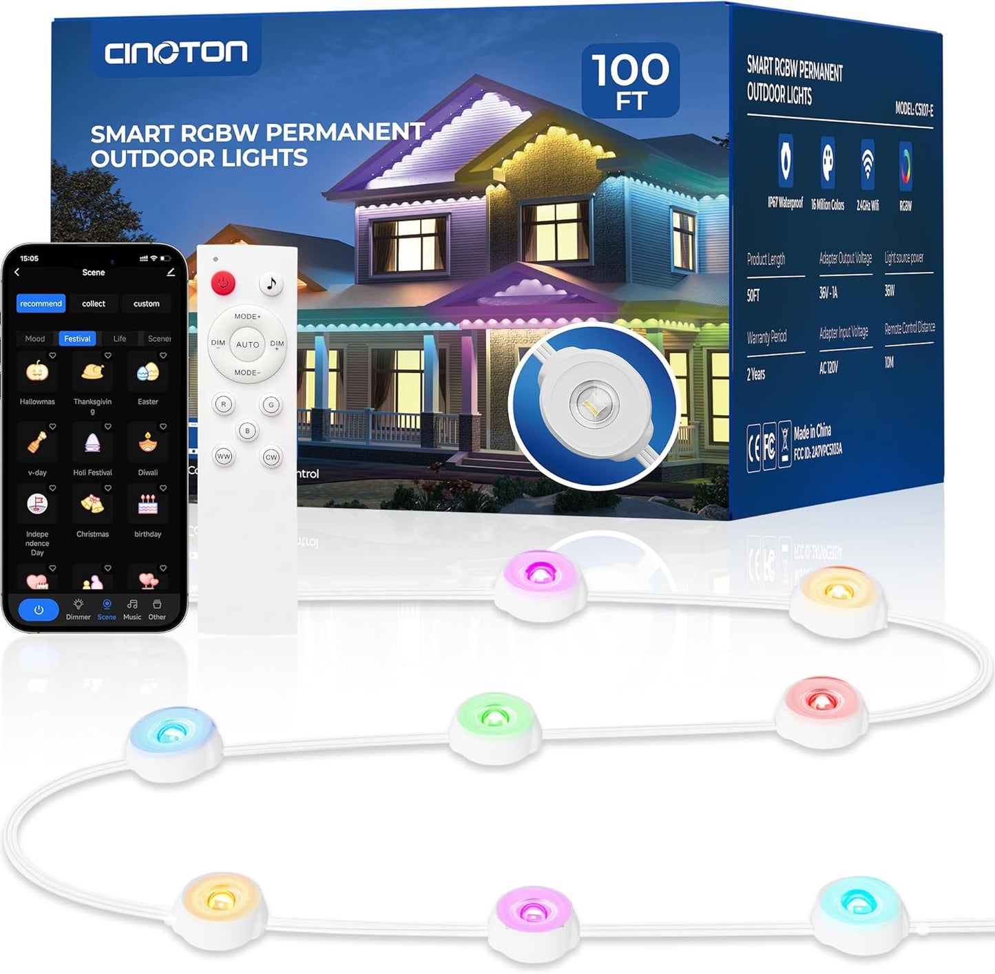 CINOTON Permanent Outdoor Lights 100ft for All-Year Decor