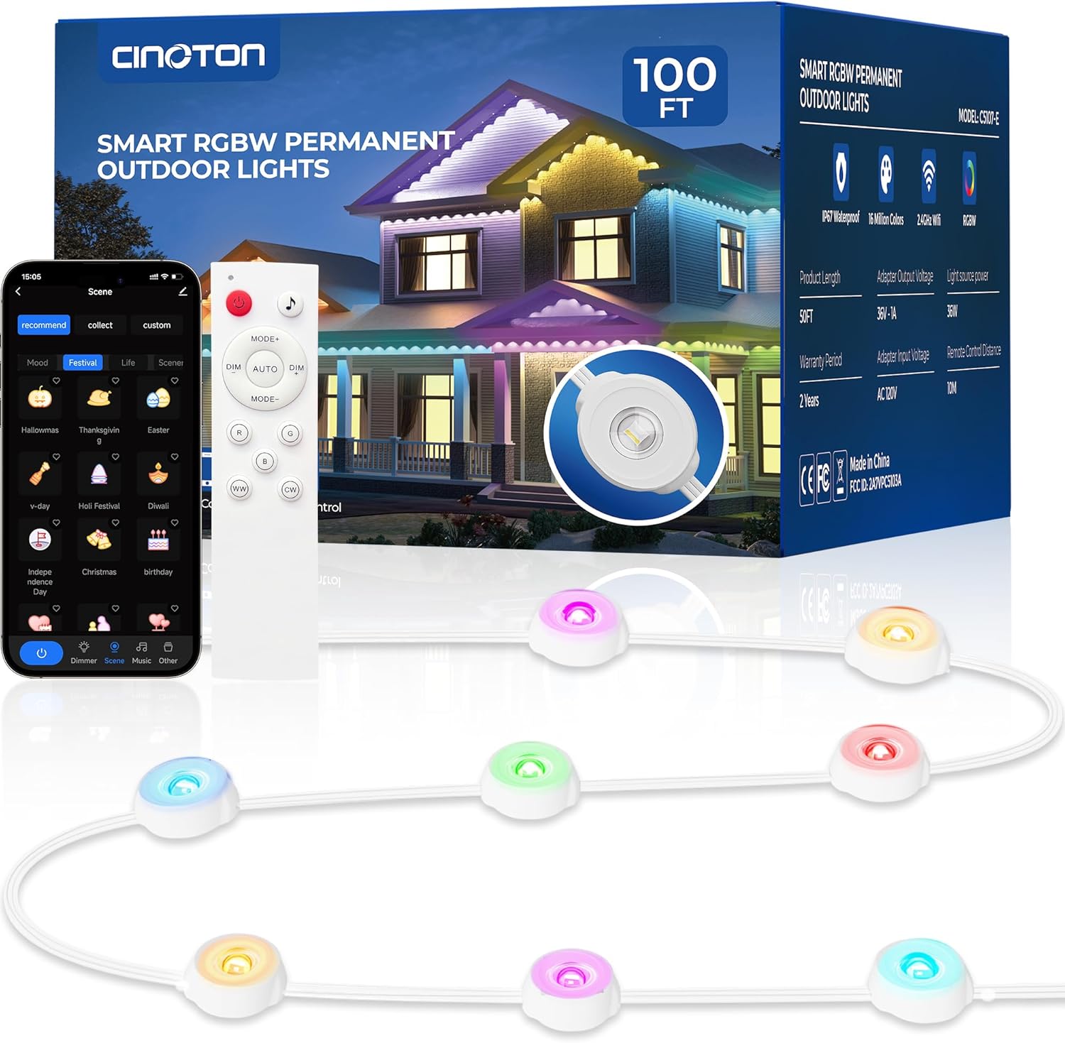 CINOTON Permanent Outdoor Lights 100ft for All-Year Decor