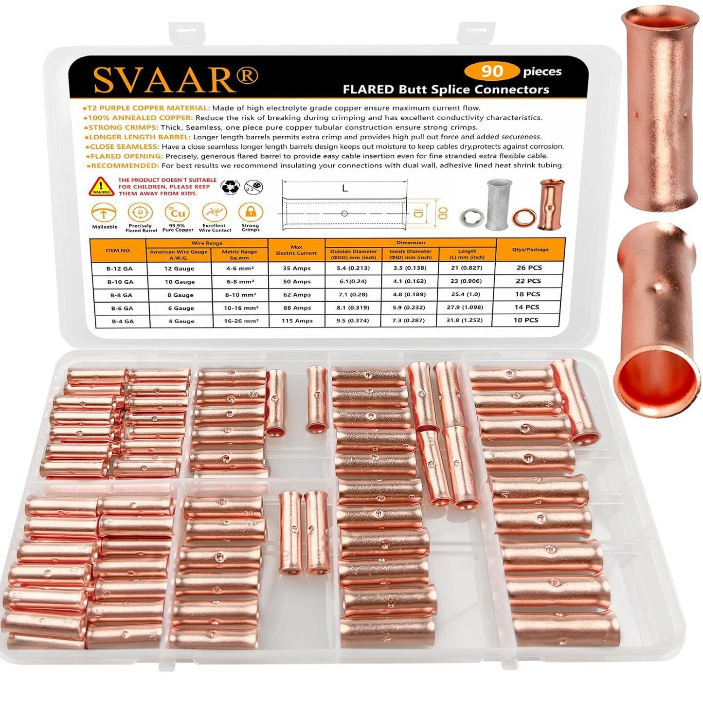 SVAAR 90PCS Non-Insulated Butt Splice Connectors for 4-12 AWG