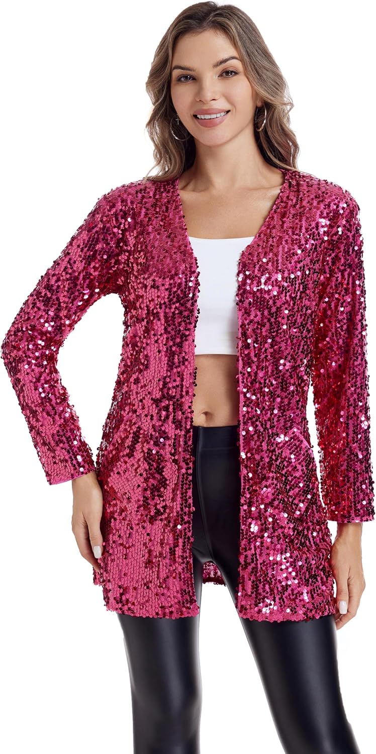Women's Sequin Jacket Long Sleeve Open Front Blazer for Parties