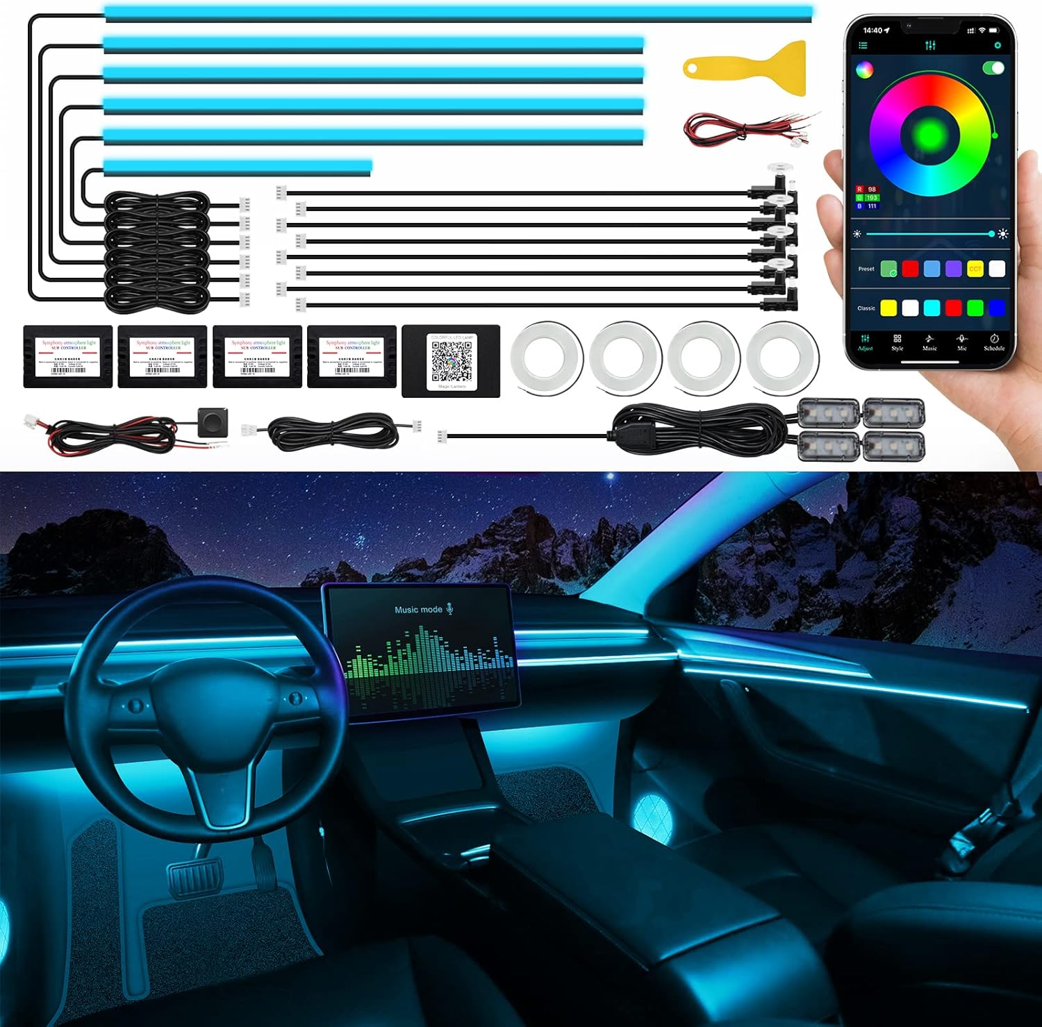 Acrylic Interior Car LED Strip Light with Wireless APP Control