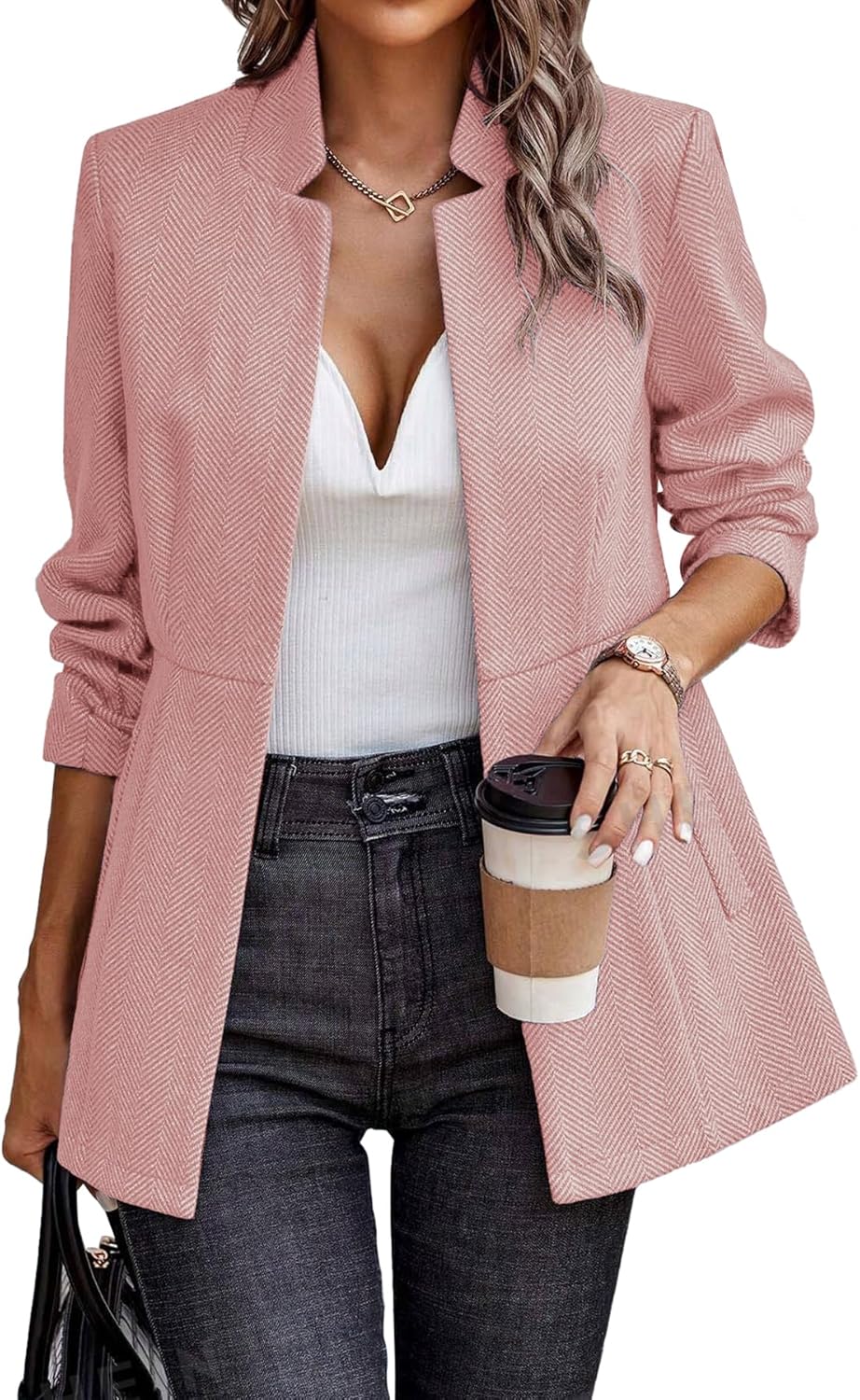 ELLEVEN Womens Open Front Herringbone Blazer for Work Style