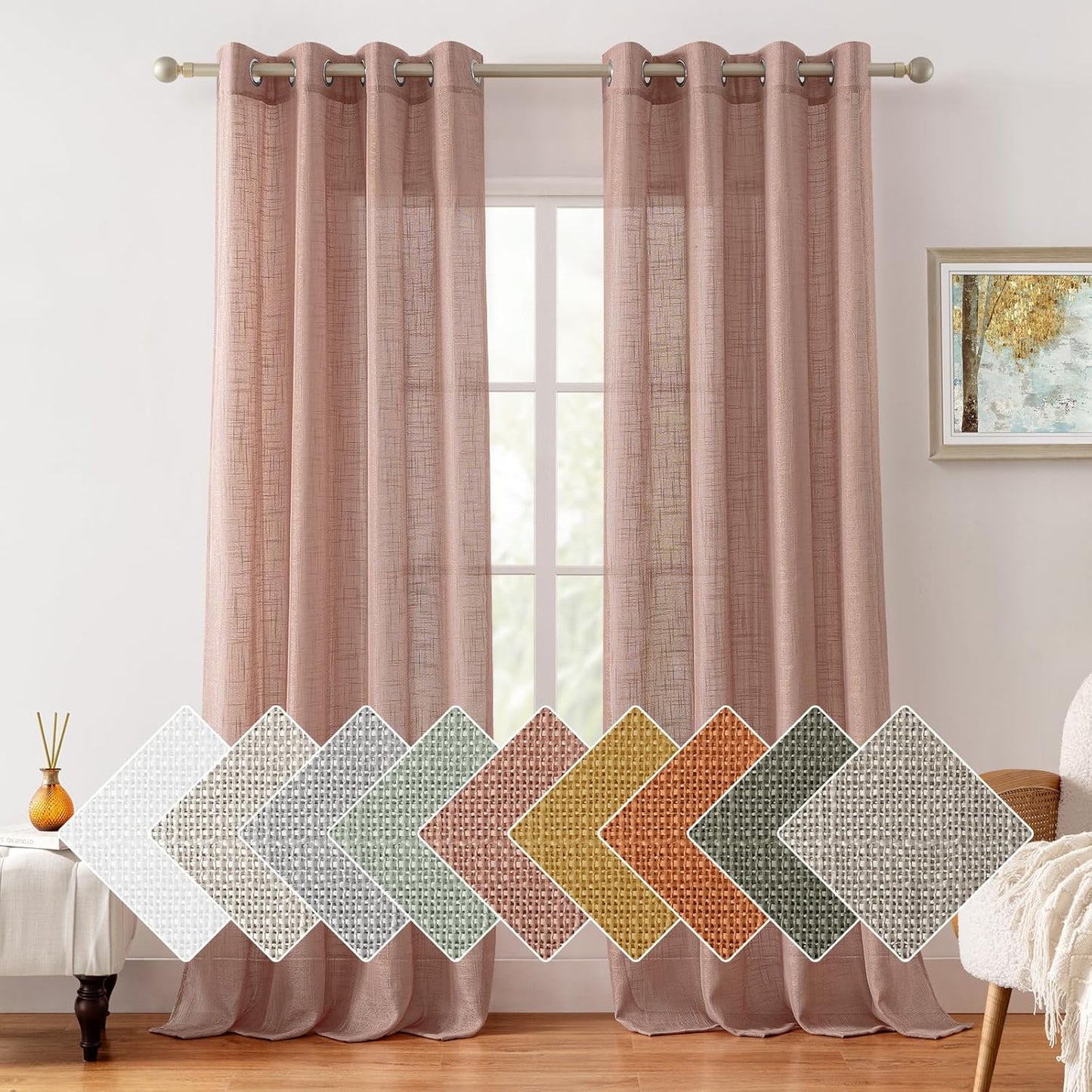 HOMEIDEAS Blush Pink Linen Sheer Curtains for Privacy