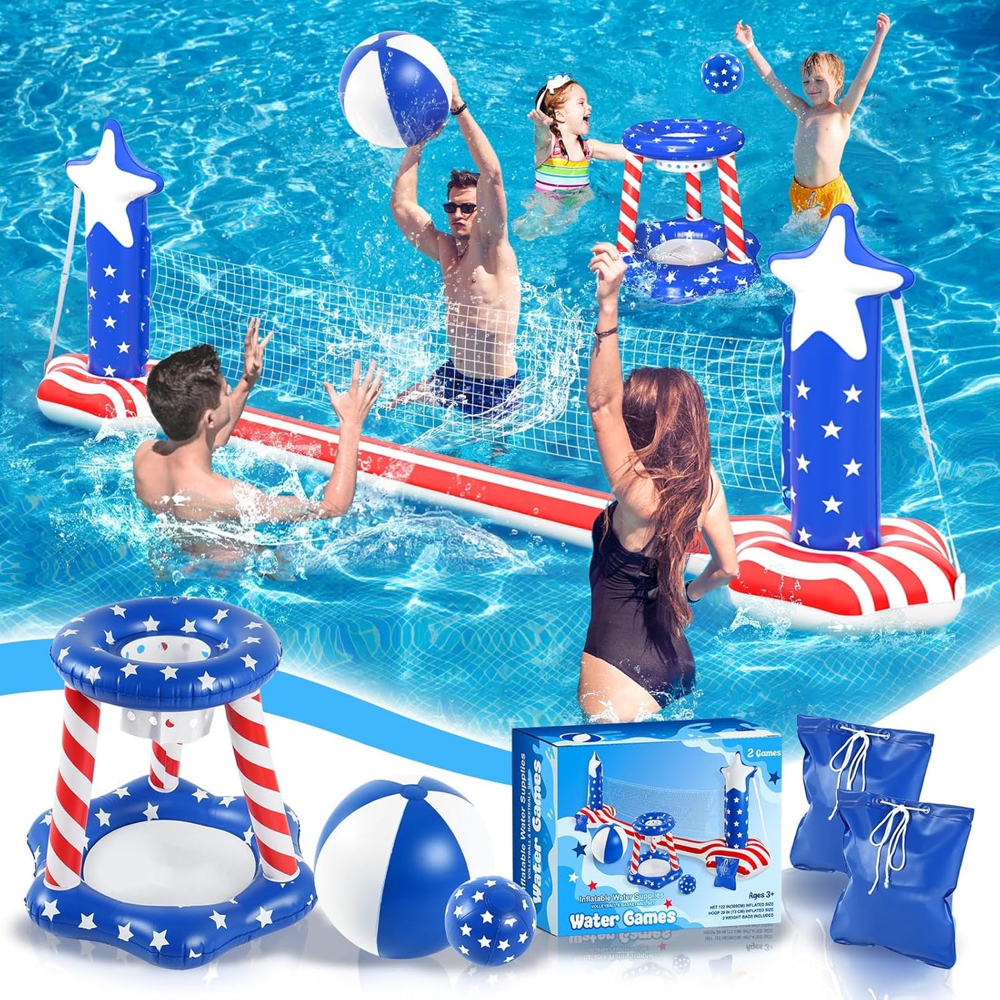 Inflatable Pool Volleyball Net & Basketball Hoop for Summer Fun