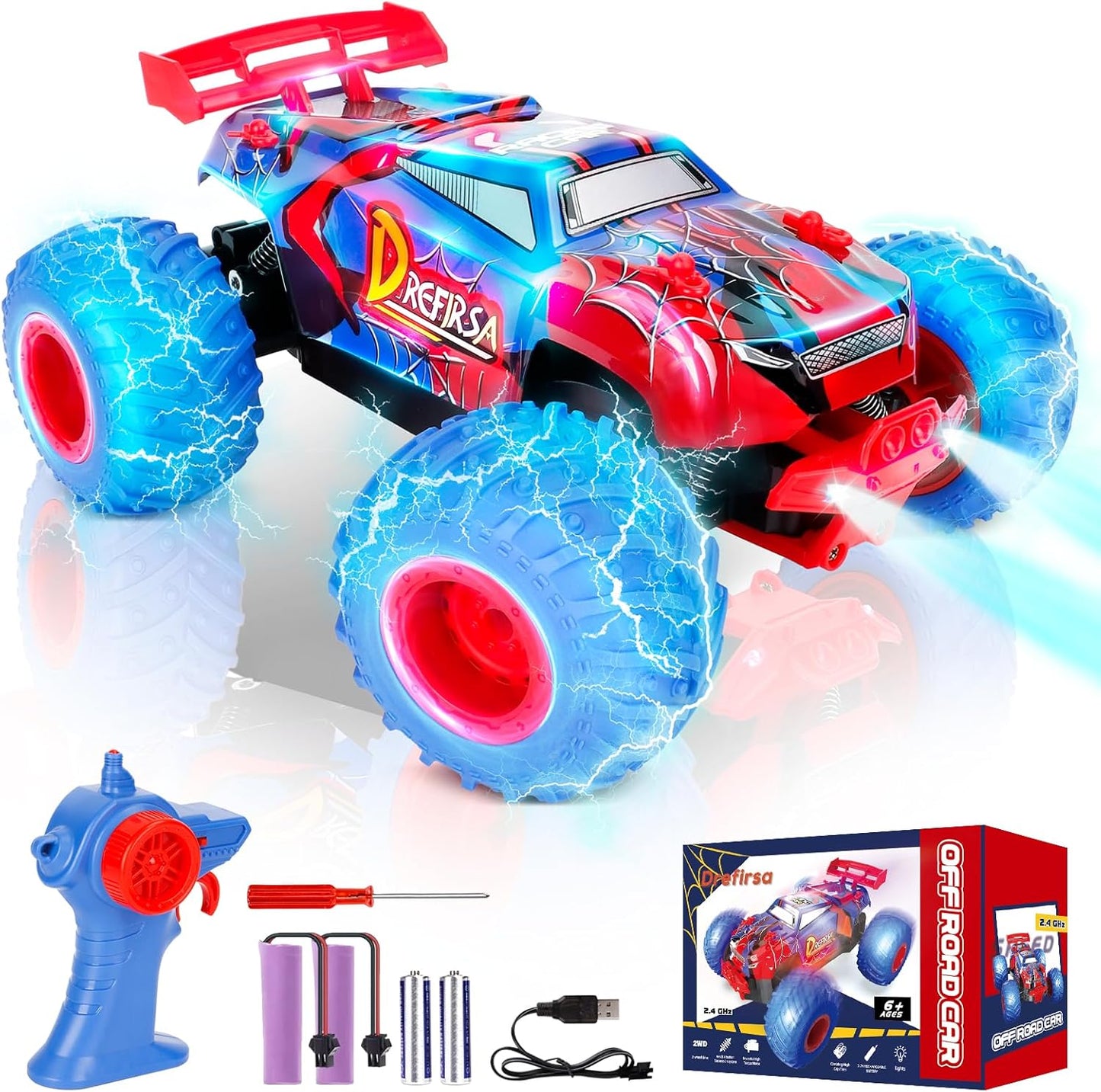 High-Speed Spider RC Monster Truck for Boys 6-12, Colorful Body Lights, Headlight, Perfect Birthday Gift!