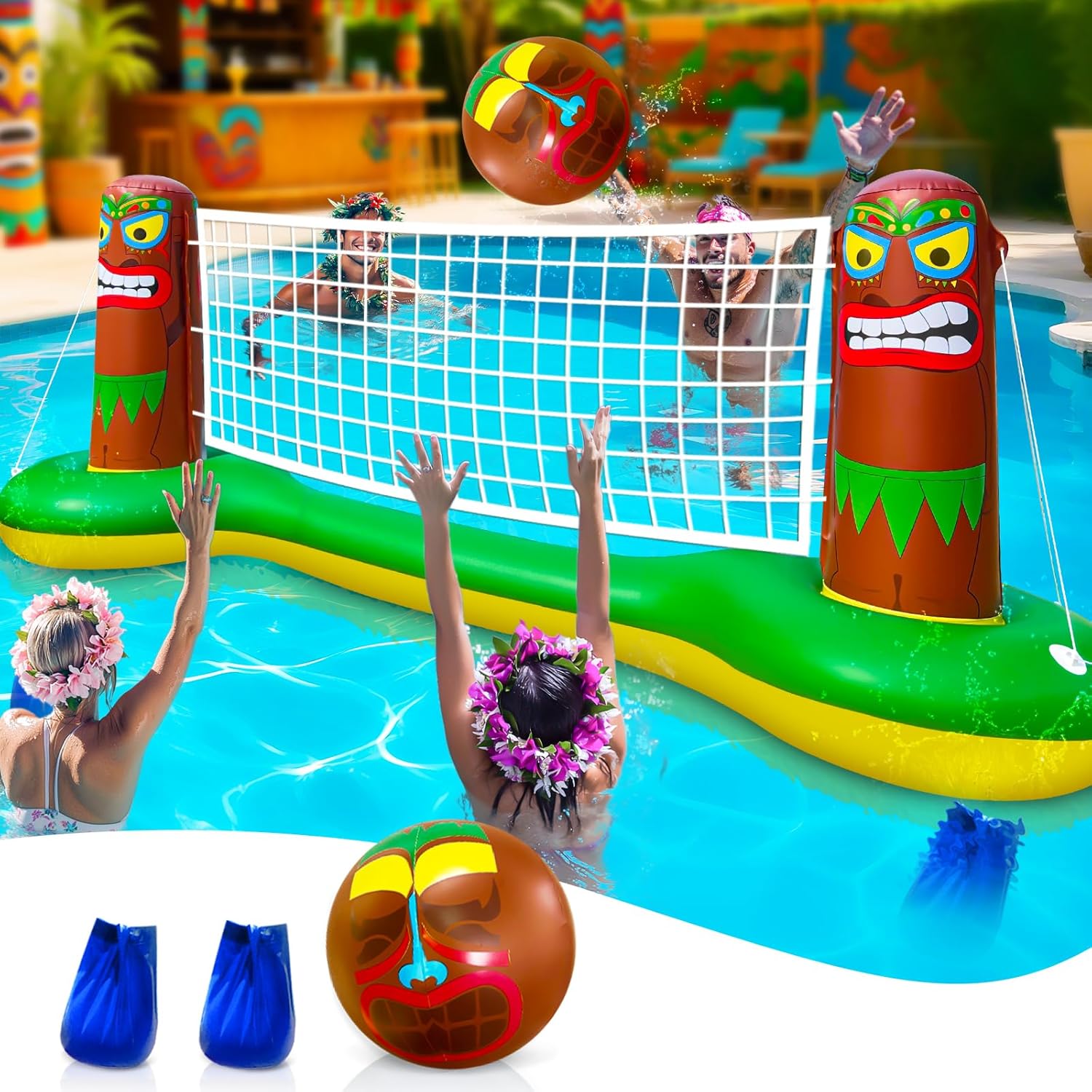 Large Inflatable Luau Tiki Pool Volleyball Net Set for Summer Fun